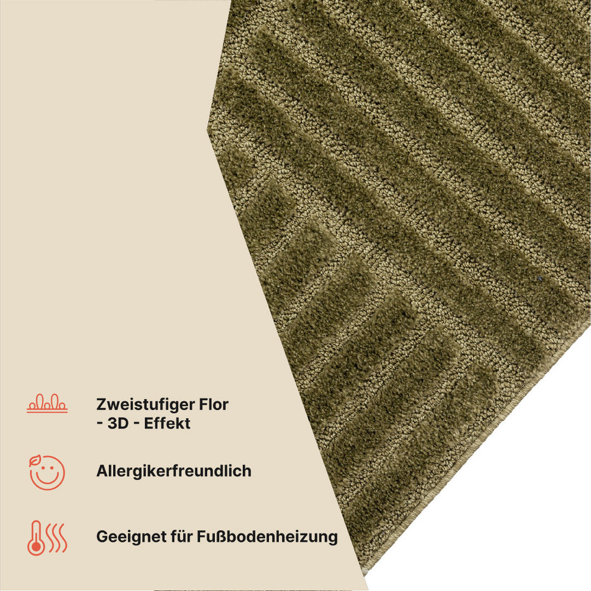 KURZFLORTEPPICH RELIEVO oliv geometrisch 3D-Struktur 140/200 cm - Olivgrün, Textil (140/200cm) - Tapiso