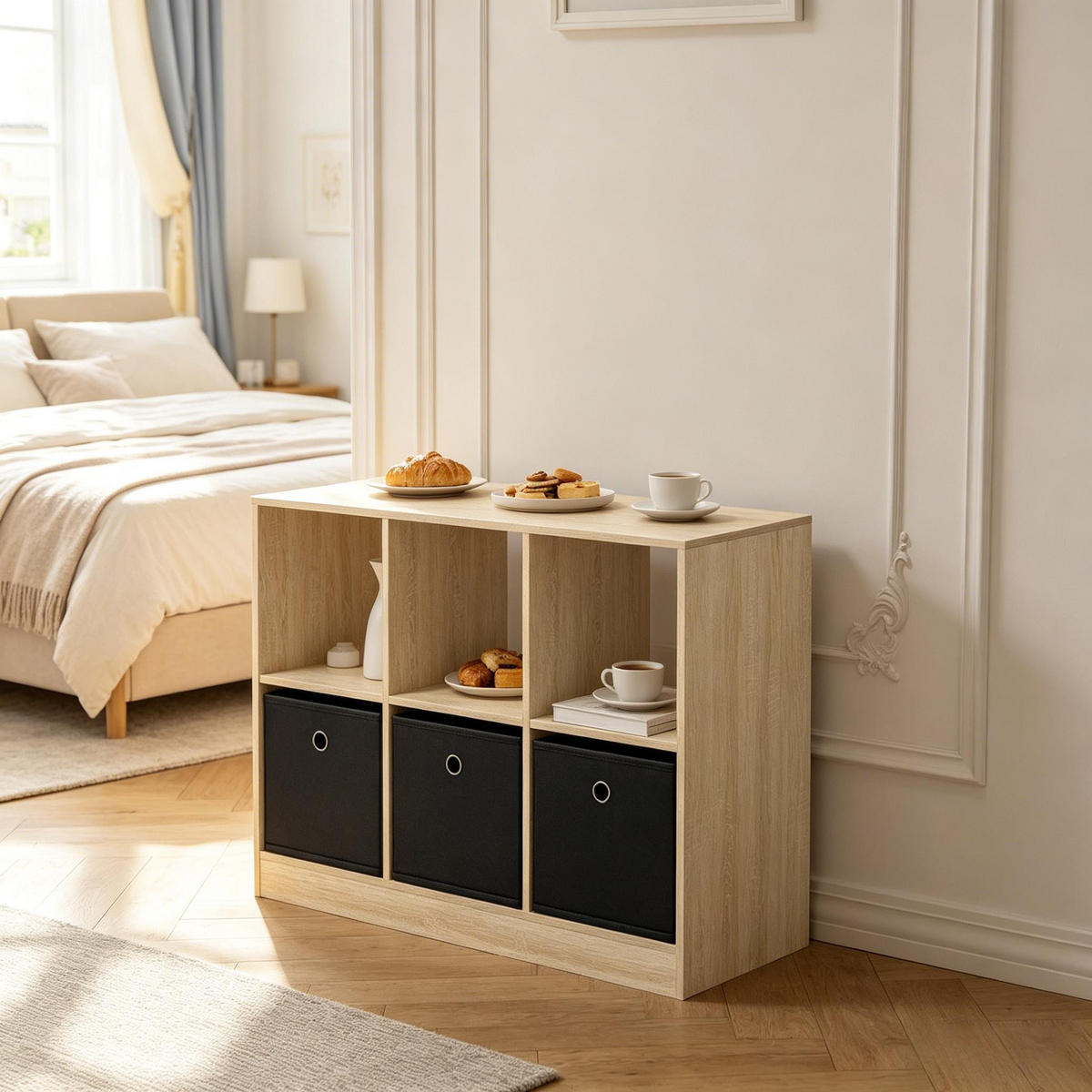 BÜCHERREGAL Schwarz/Eichefarben mit 3 Stoffschubladen 80/30/61 cm - Schwarz, Holzwerkstoff (80/61/30cm) - PANGIVO