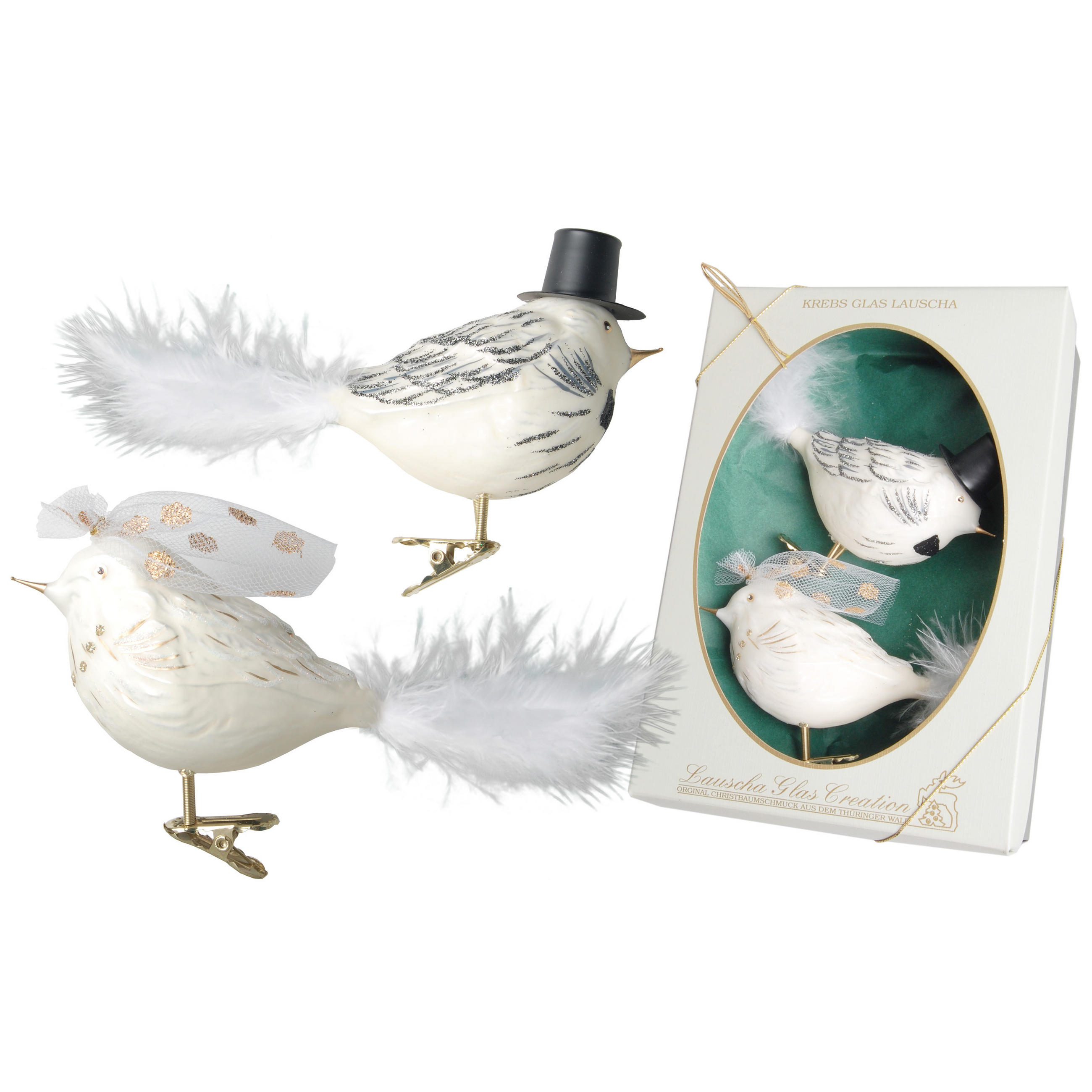 CHRISTBAUMSCHMUCK Vogel Brautpaar Weiß 9cm (Glas / 2 Stk.) - Weiß, Glas (4/9/10cm) - Krebs Glas Lauscha
