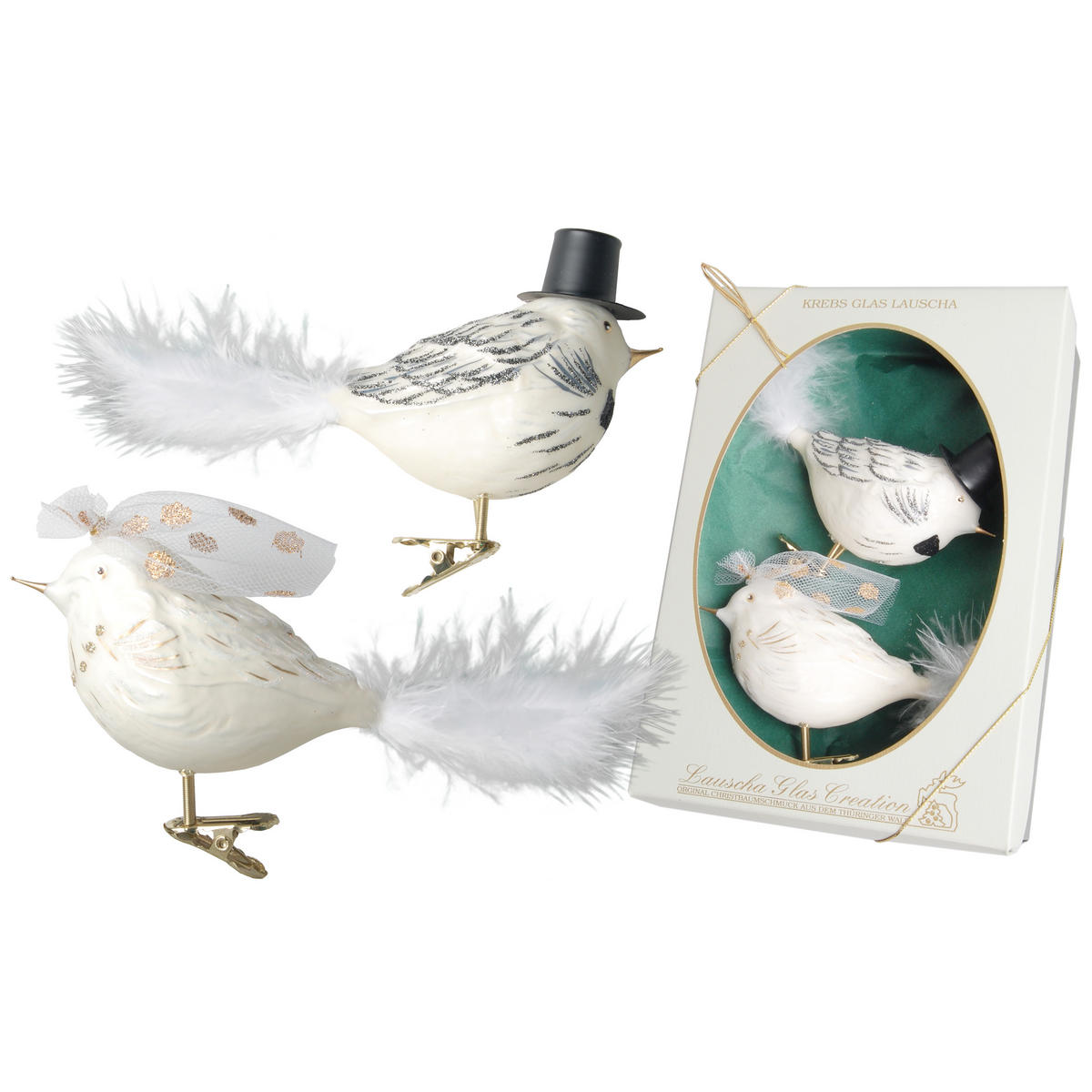CHRISTBAUMSCHMUCK Vogel Brautpaar Weiß 9cm (Glas / 2 Stk.) - Weiß, Glas (4/9/10cm) - Krebs Glas Lauscha