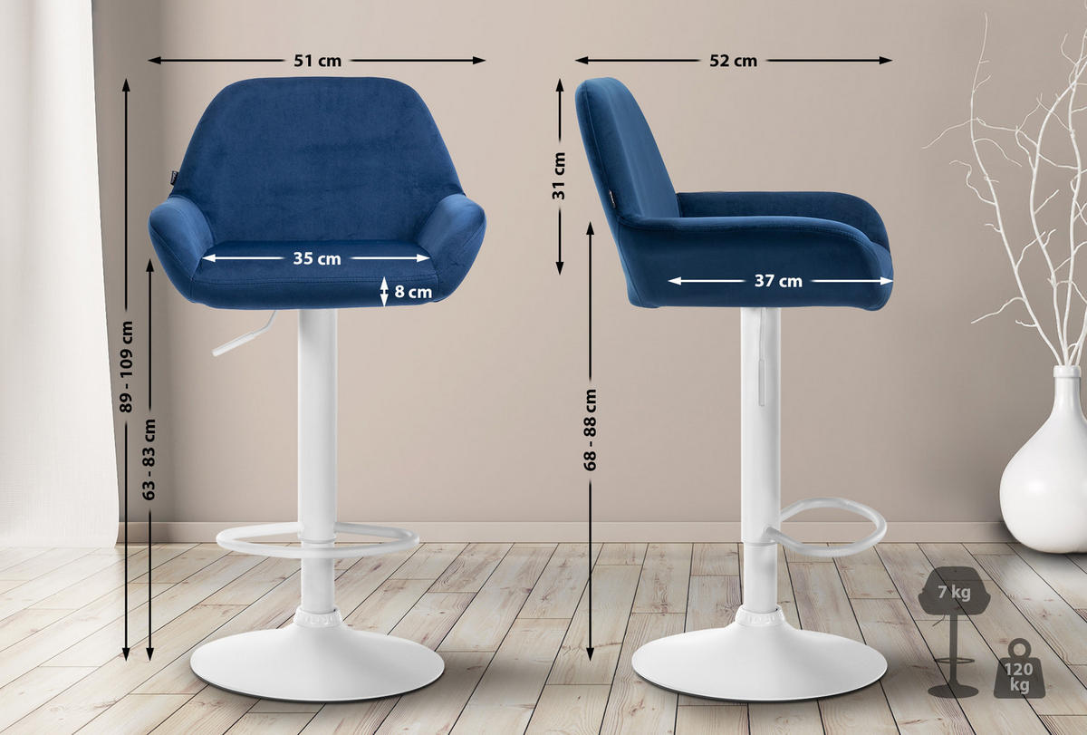 BARHOCKER Samt blau - Blau/Weiß, Textil/Metall (51/89/52cm) - CLP