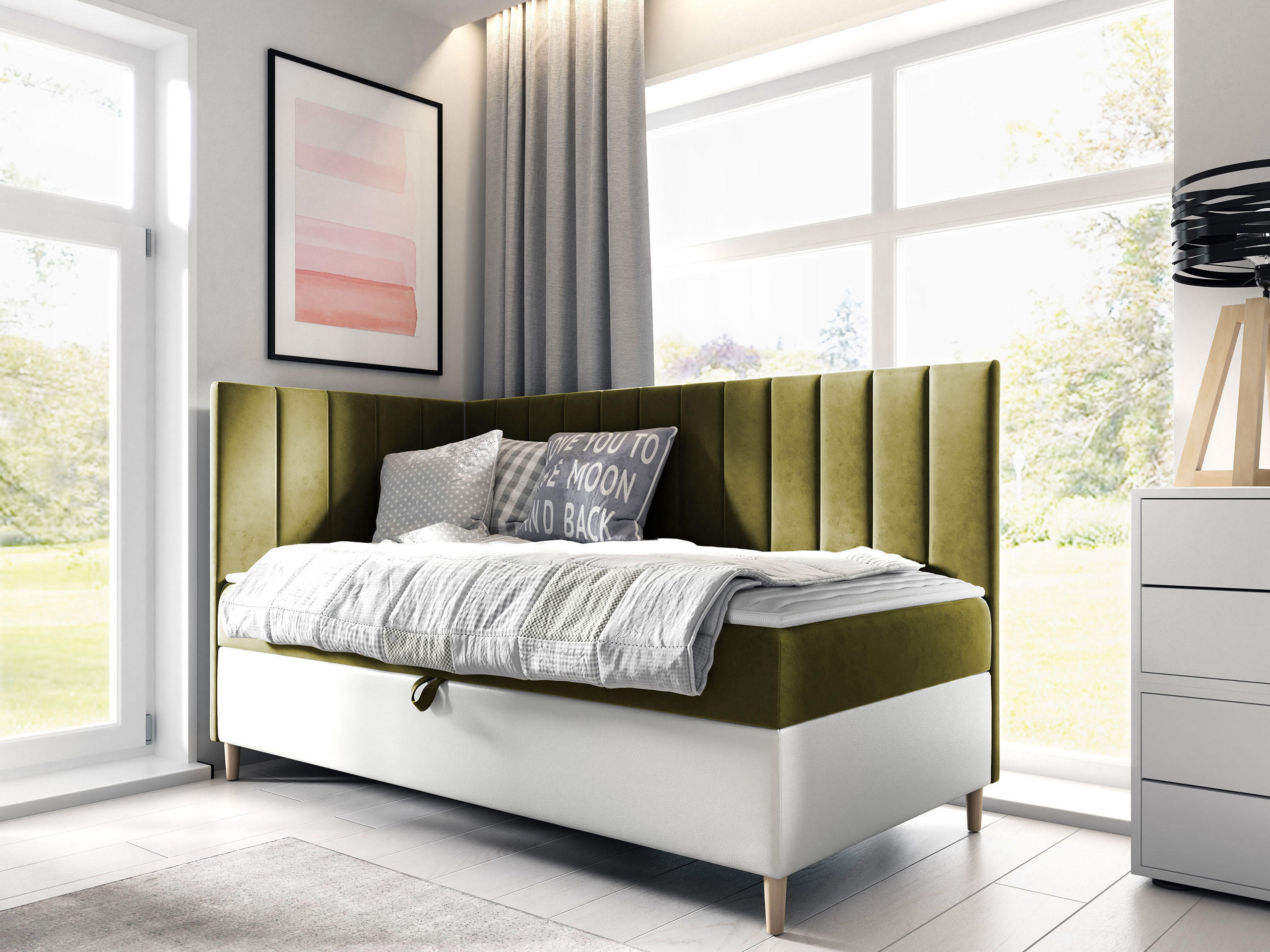 BOXBETT Maja Junior 3, Seite zum Öffnen des Bettkastens: Links - Weiß/Grün, Holz (90/200cm) - MIRJAN24