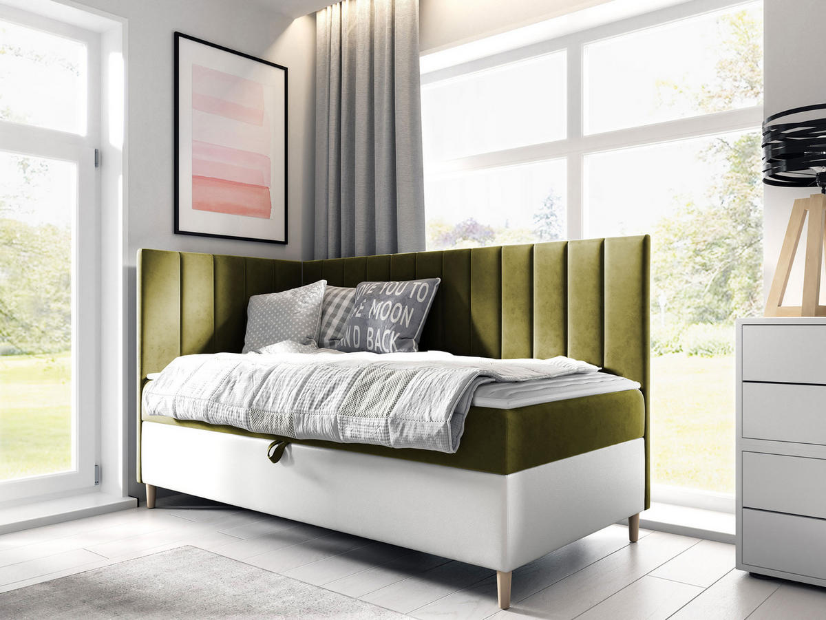 BOXBETT Maja Junior 3, Seite zum Öffnen des Bettkastens: Links - Weiß/Grün, Holz (80/200cm) - MIRJAN24