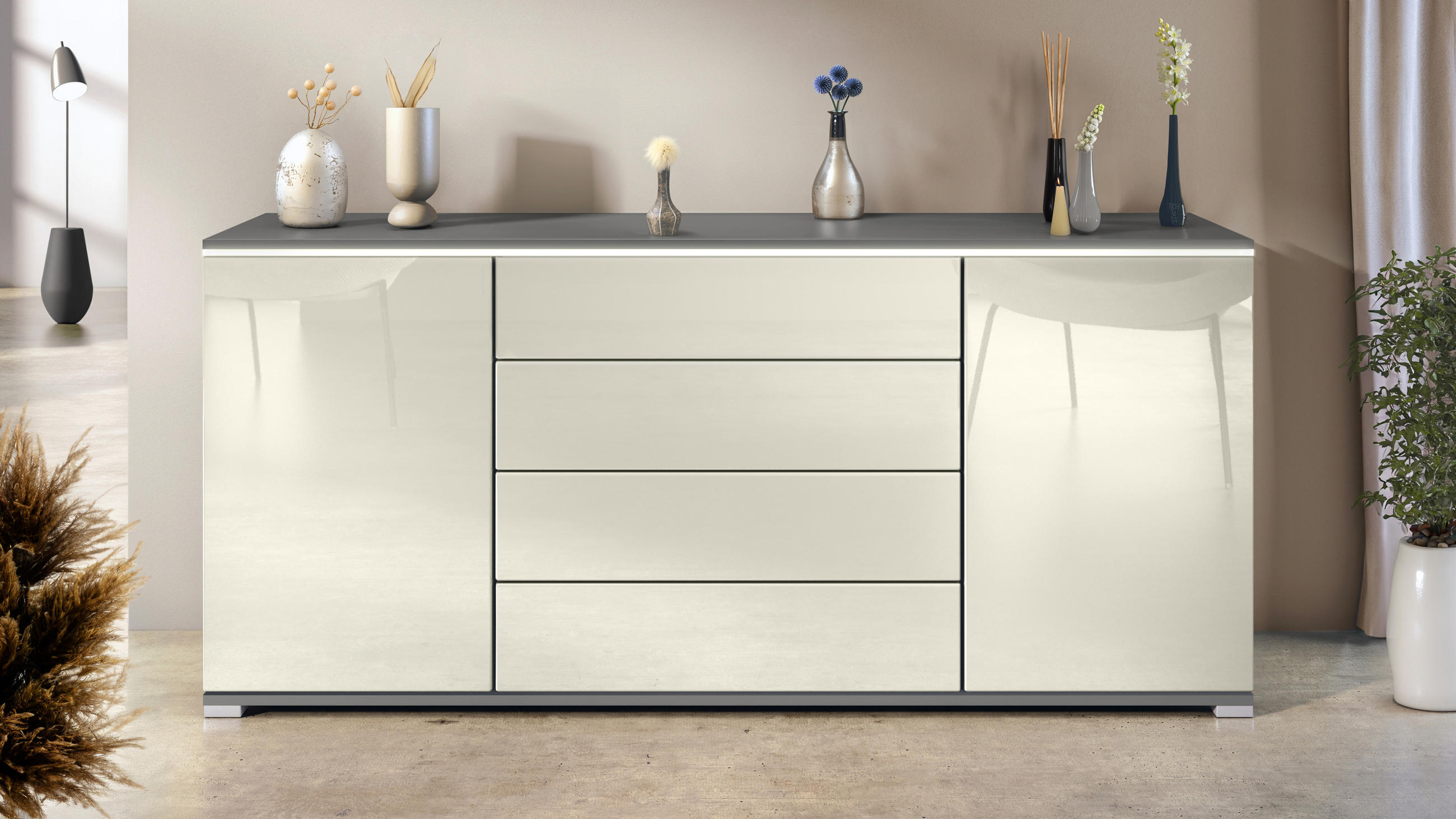 SIDEBOARD Faro Creme Hochglanz - Creme, Holzwerkstoff (166.5/75.5/35cm) - Vladon