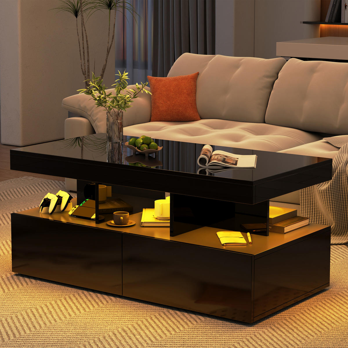 COUCHTISCH 2 Schubladen LED Stauraum modern schwarz - Schwarz, Holz (53/104/46cm) - LEBENLANG