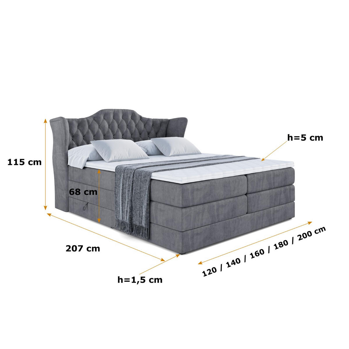 BOXSPRINGBETT VILA KING - 160x200 - H3/H4 - Dunkelgrau - Dunkelgrau, Holzwerkstoff (160/200cm) - ALTDECOR