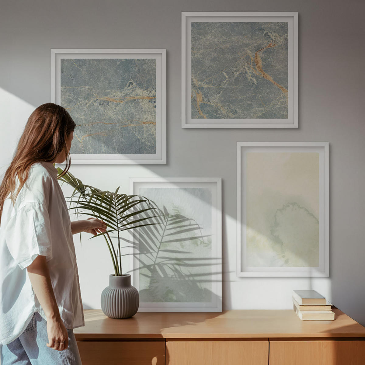WANDBILDER 4er-Set - 50x50 cm & 40x60 cm Weißer Rahmen - Pastellfarben auf Aquarellleinwand - Weiß, Kunststoff (50/50cm) - ArtPrintCave