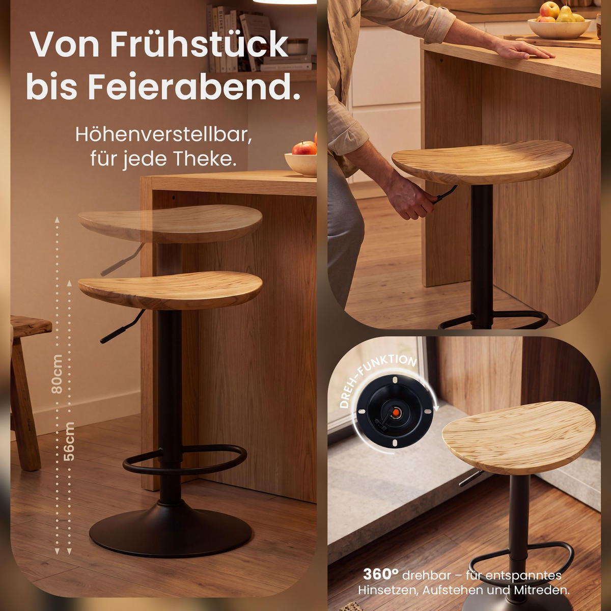 BARHOCKER 2er Set Holz Natura - Schwarz/Naturfarben, Holz/Metall (41/56/39cm) - CLP