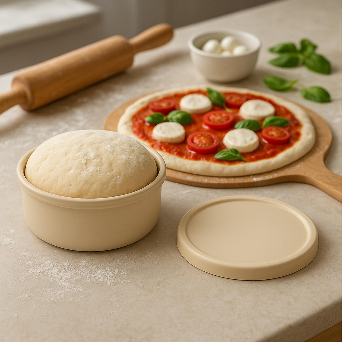 PIZZATEIGBOX Beige 4er-Set Silikon mit Deckel - Beige, Kunststoff (14.5/6.5/14.5cm) - Relaxdays