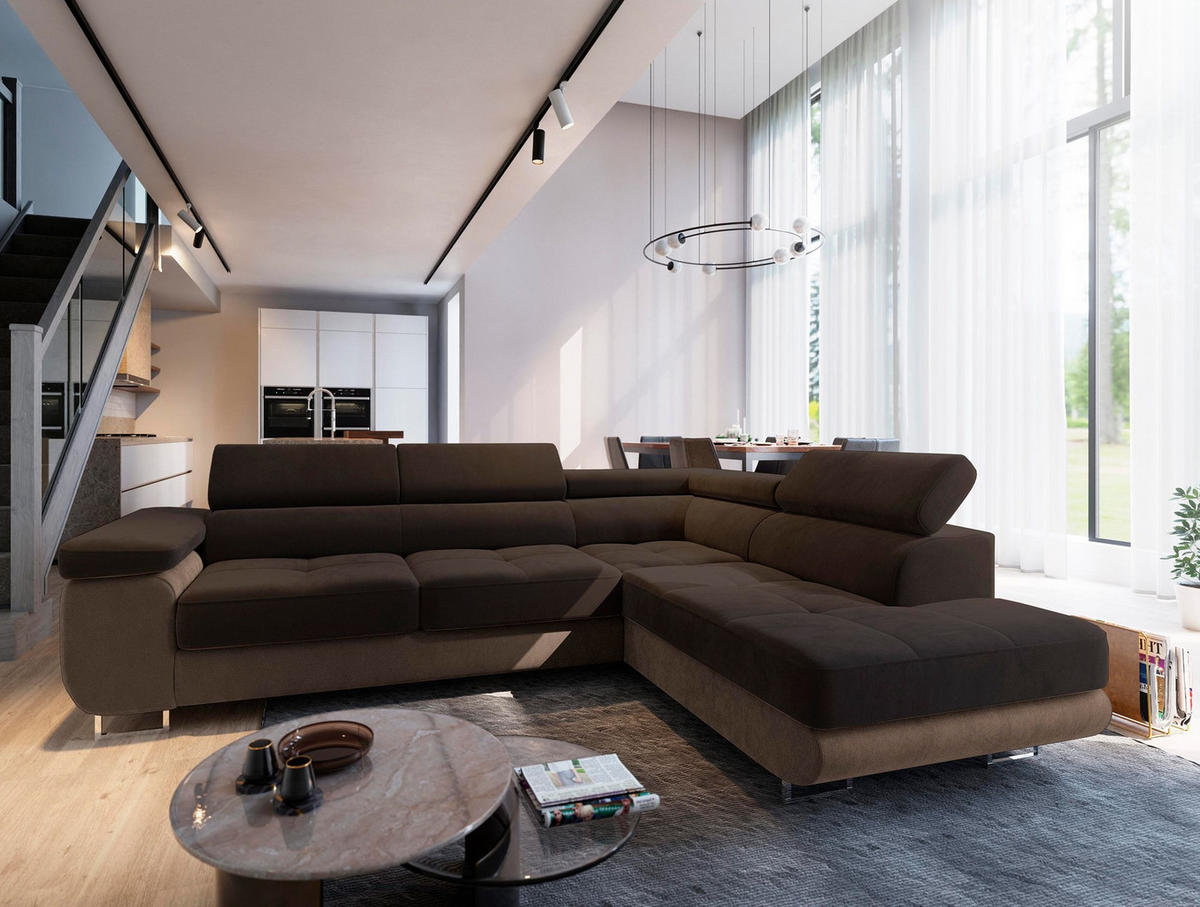 ECKSOFA SELVA R-S Braun Velours-Stoff mit Schlaffunktion - Braun, Holz (275/202cm) - MASSENO