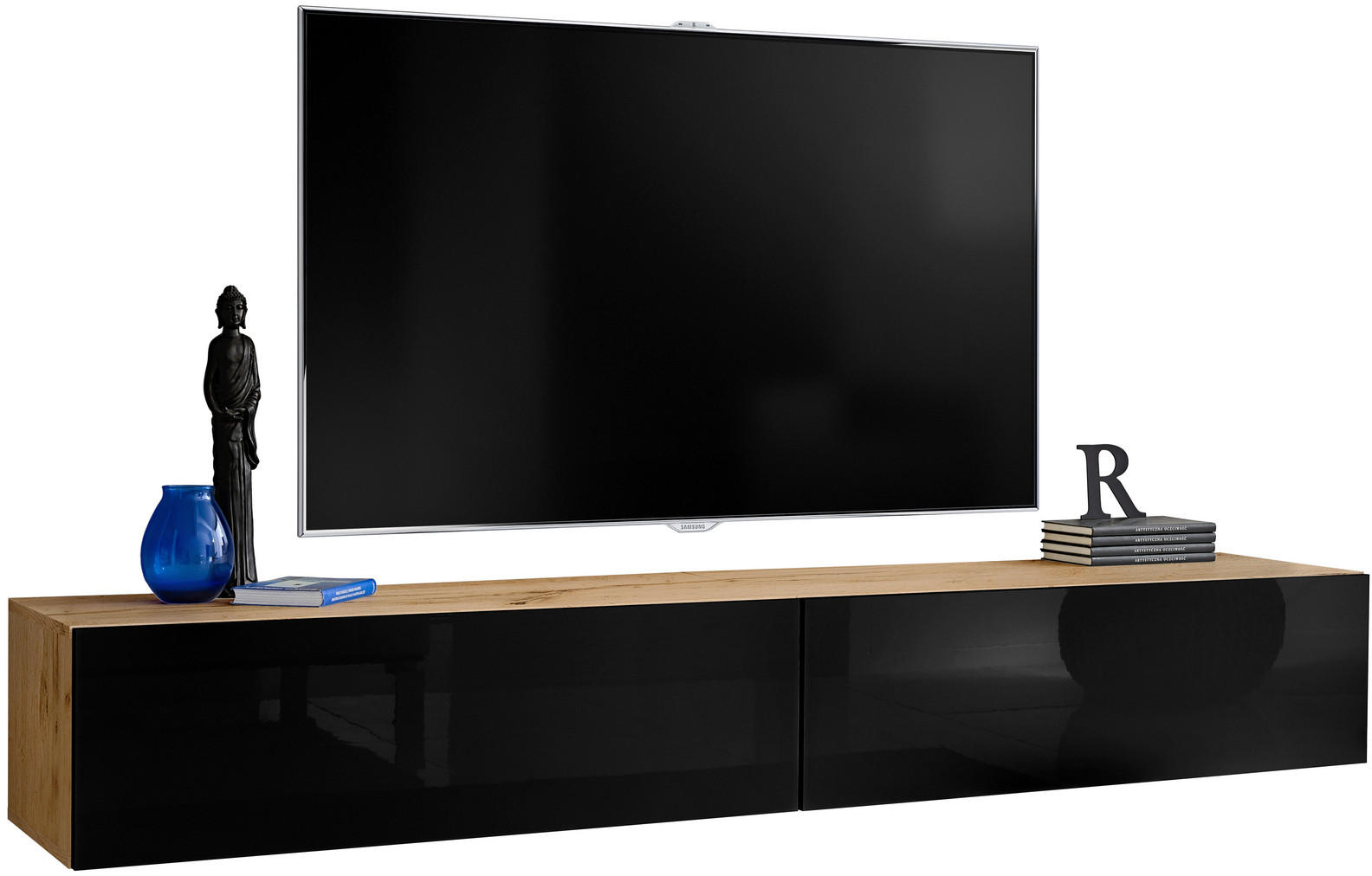 TV-HÄNGEBOARD LORETO, Wotan, Schwarz Hochglanz - Eiche Wotan/Schwarz, Holzwerkstoff (200/30/41.5cm) - Komodee