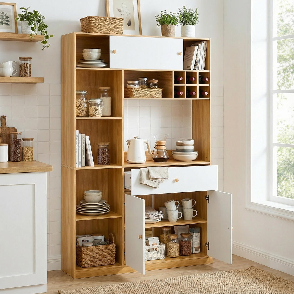 HIGHBOARD mit LED Mikrowellenfach & 3 Türen - Eichefarben, Holzwerkstoff (115/180/35cm) - Urban Meuble