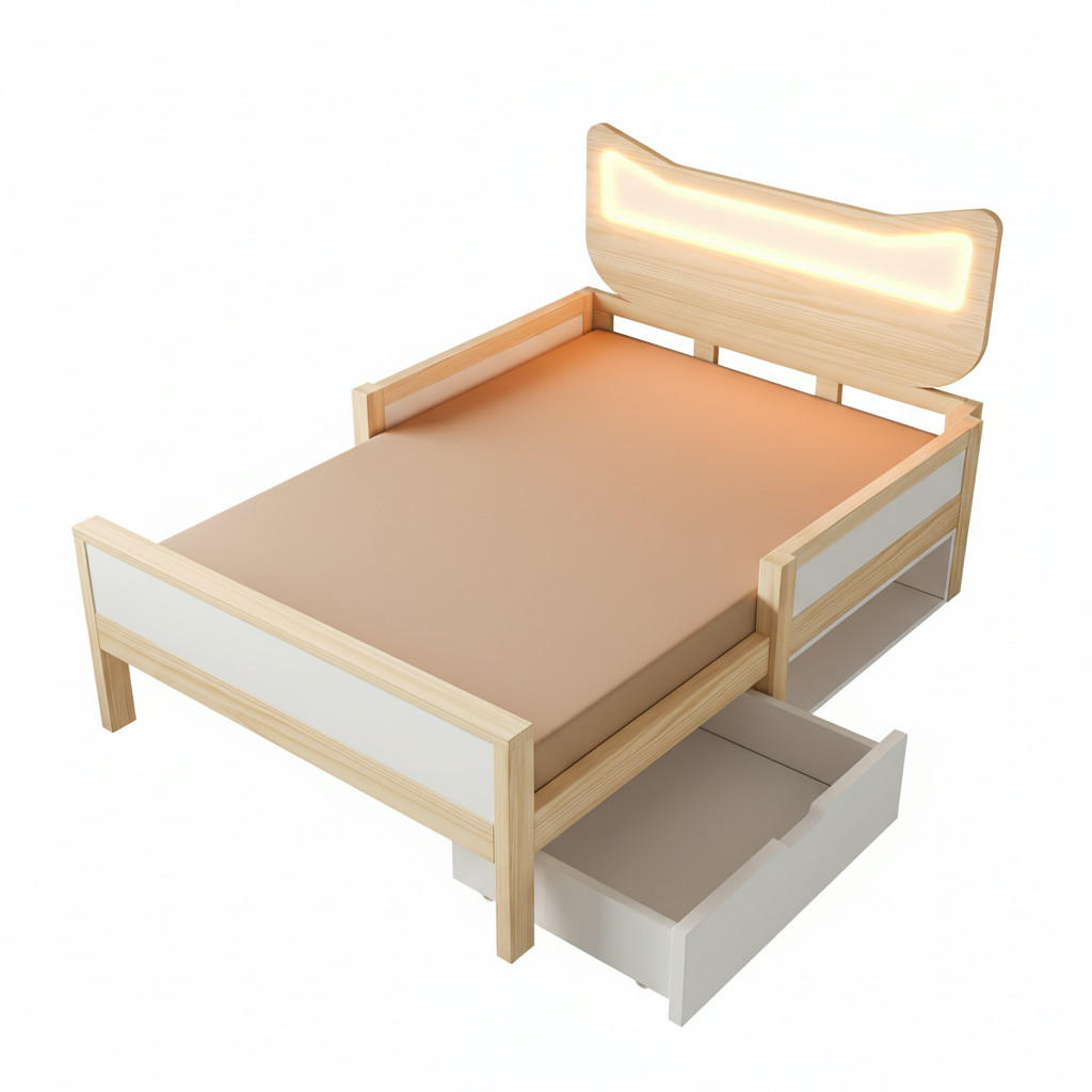 KINDERBETT 90/200 cm DE-00722, in Weiß & Eiche, LED Katzenohren und Schublade - Eichefarben, Holz (90/200cm) - ComfortXL
