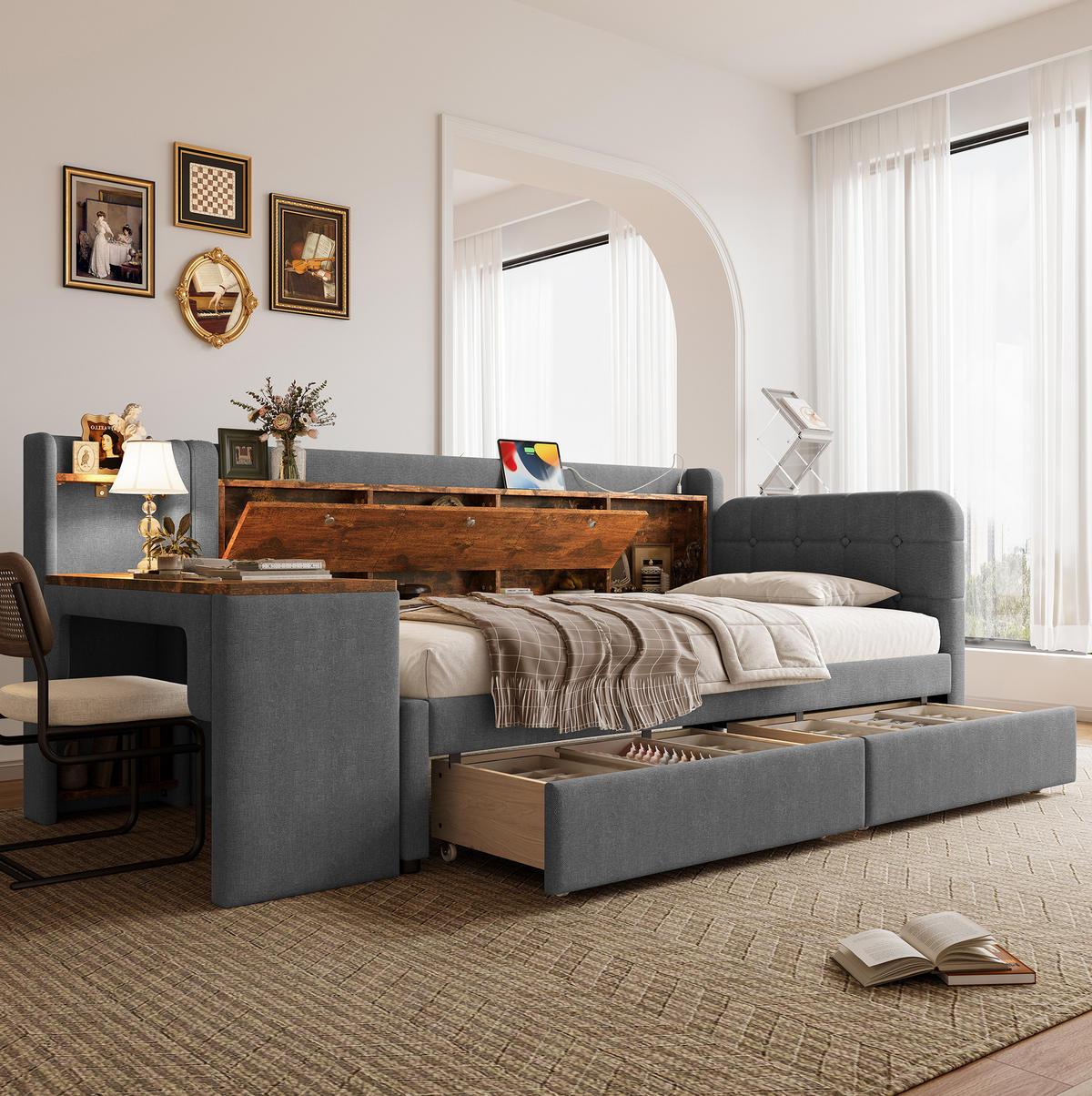 POLSTERBETT aus Leinen & MDF 90x200 cm in Grau mit Schreibtisch & 2 Schubladen - Grau, Textil (90/200cm) - Modfu