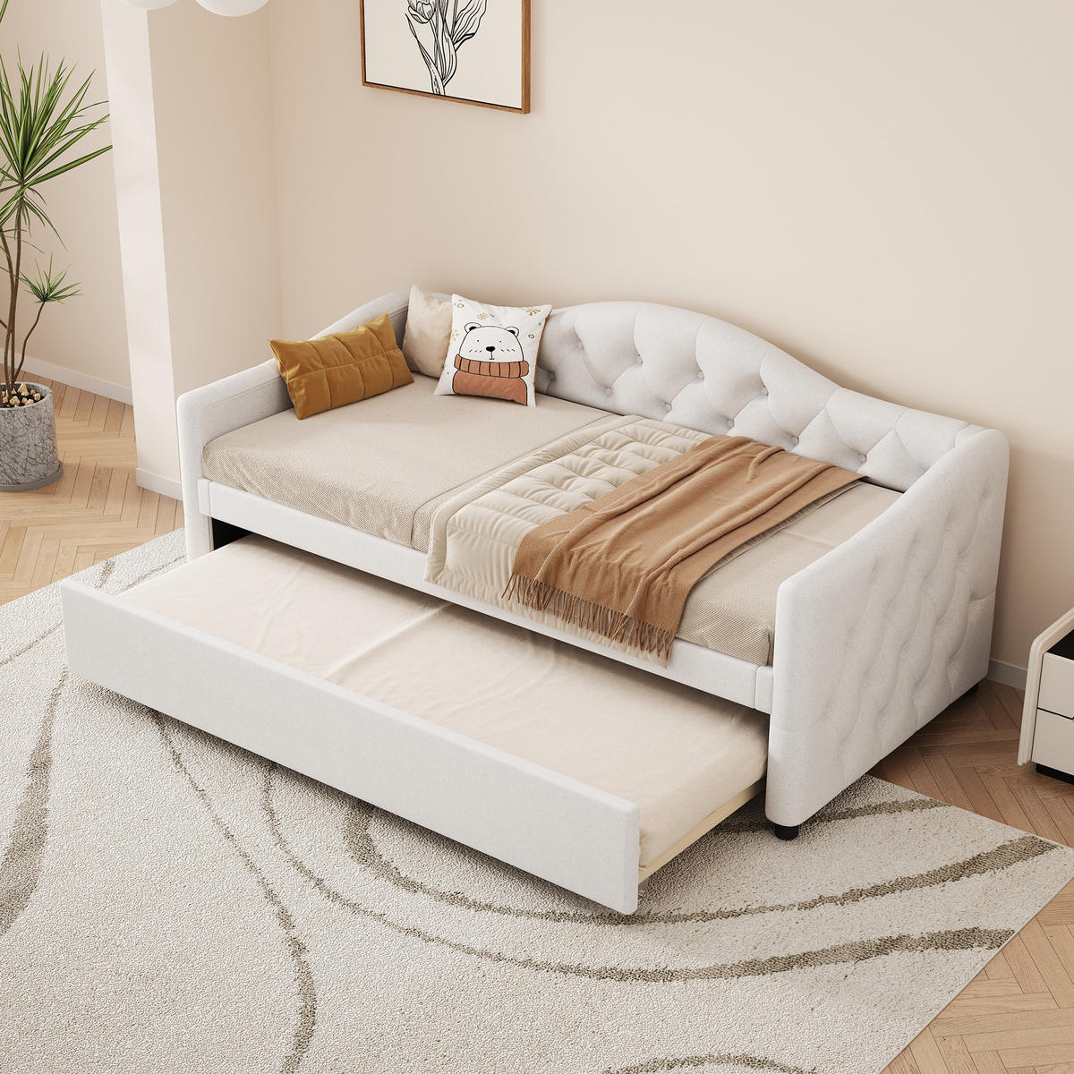 TAGESBETT 90/200 cm Beige mit ausziehbarem Bett aus Leinen - Beige, Textil (90/200cm) - OKWISH