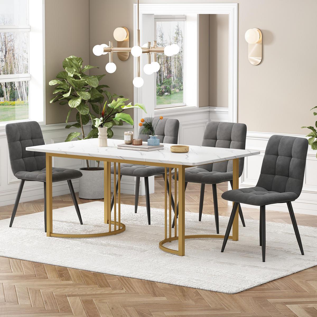 ESSGRUPPE Esstisch 4 Stühle MDF Weiß Grau 140x80cm - Grau, Holzwerkstoff (140/75/80cm) - FLIEKS