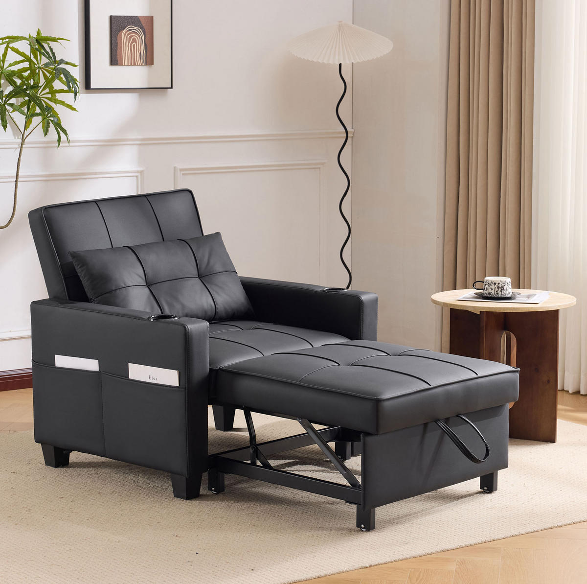 SESSEL 3-in-1 ausziehbar Schwarz mit Liegefunktion - Schwarz, Holz (87/84/74cm) - Meubliv