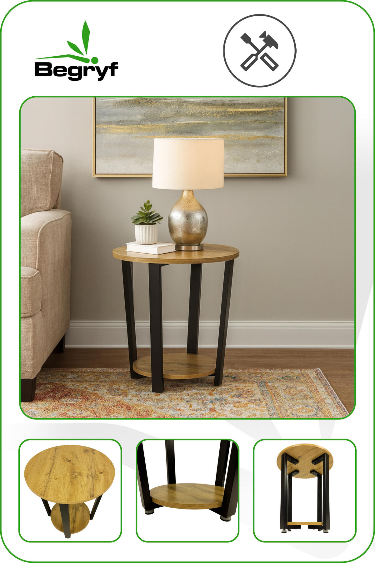 COUCHTISCH Holzoptik Metall Eichefarben Schwarz rund klein 46x52 cm - Eichefarben/Schwarz, Holzwerkstoff/Metall (46/46/52cm) - Begryf