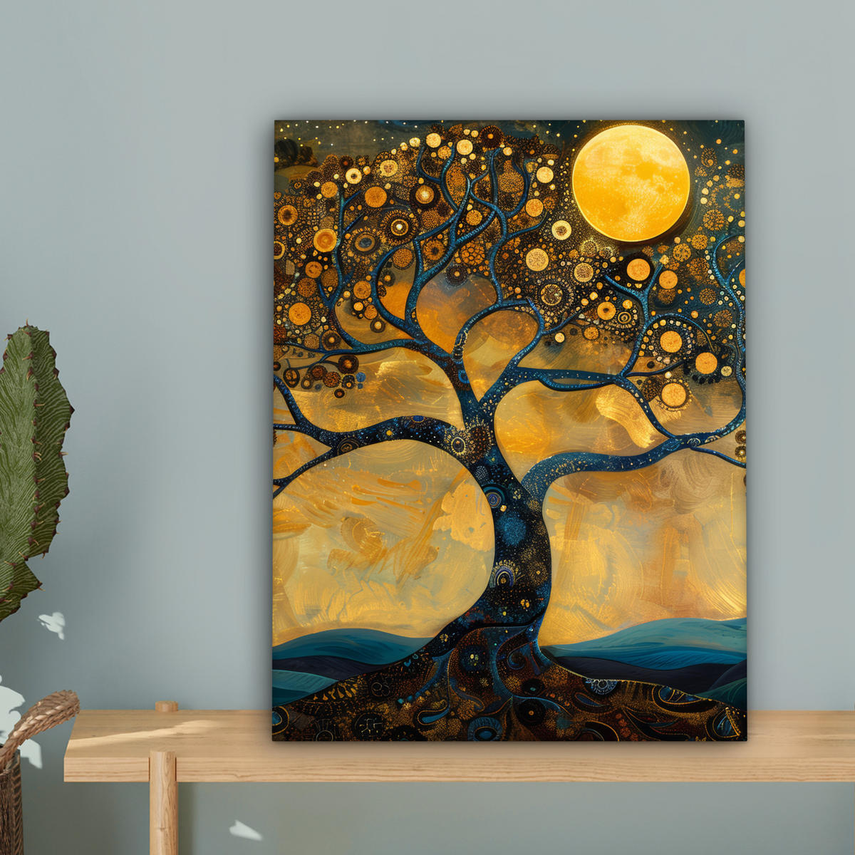 LEINWANDBILD Baum - Mond - Blumen - Gold - Kunst Room Decor 30x40 cm - Orange, Textil (30/40cm) - MuchoWow