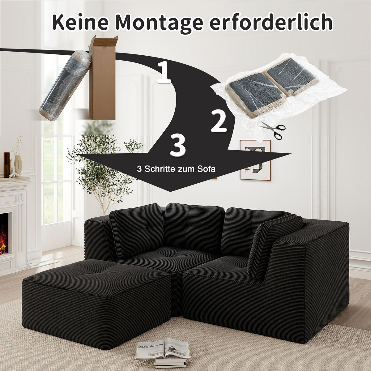 3-SITZER mit beweglicher Fußstütze und Cordstoff - Schwarz, Textil (208/69/177cm) - EVRYAE