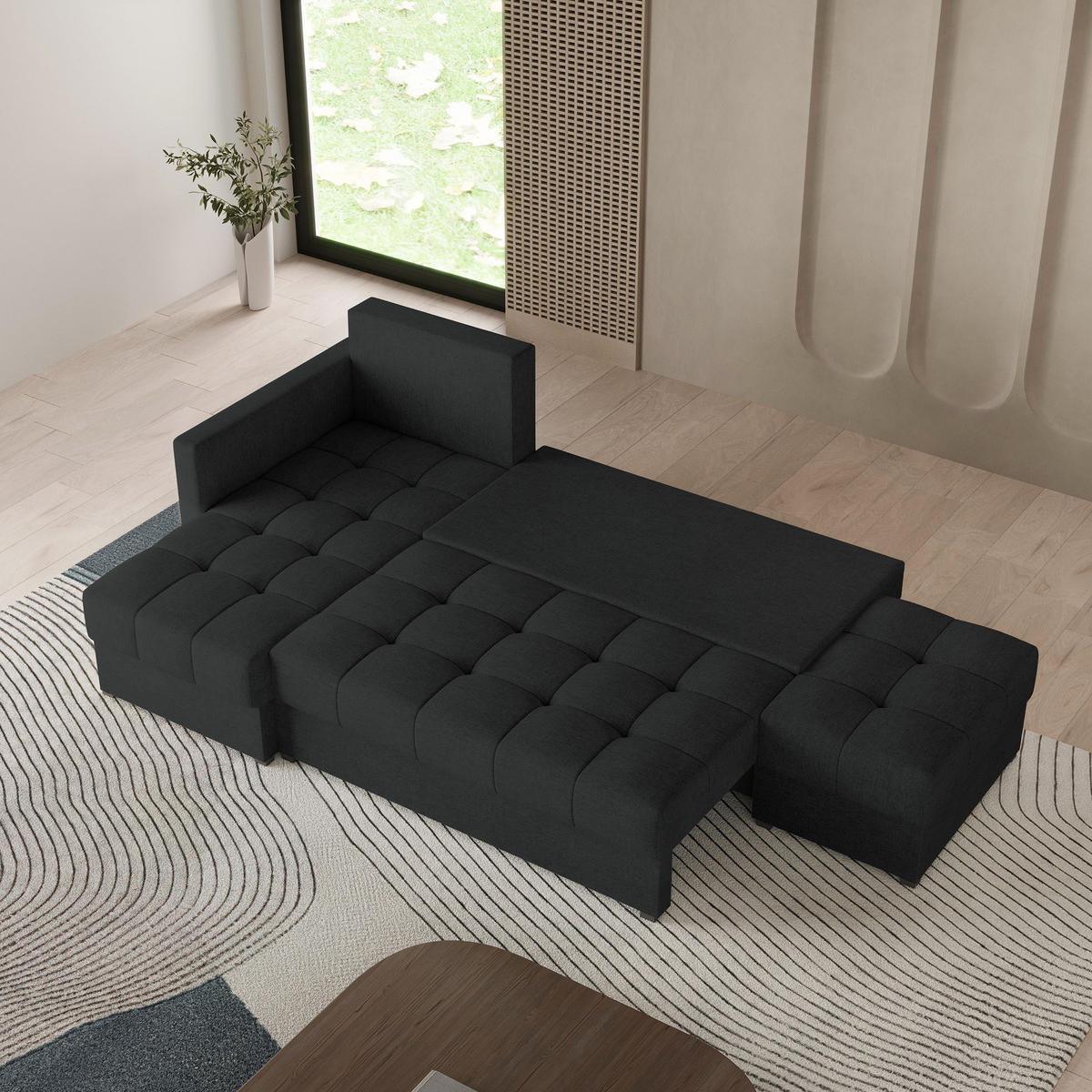 ECKSOFA LUMARI L-S Schwarz Plüsch-Stoff mit Schlaffunktion - Schwarz, Holz (262/143cm) - MASSENO