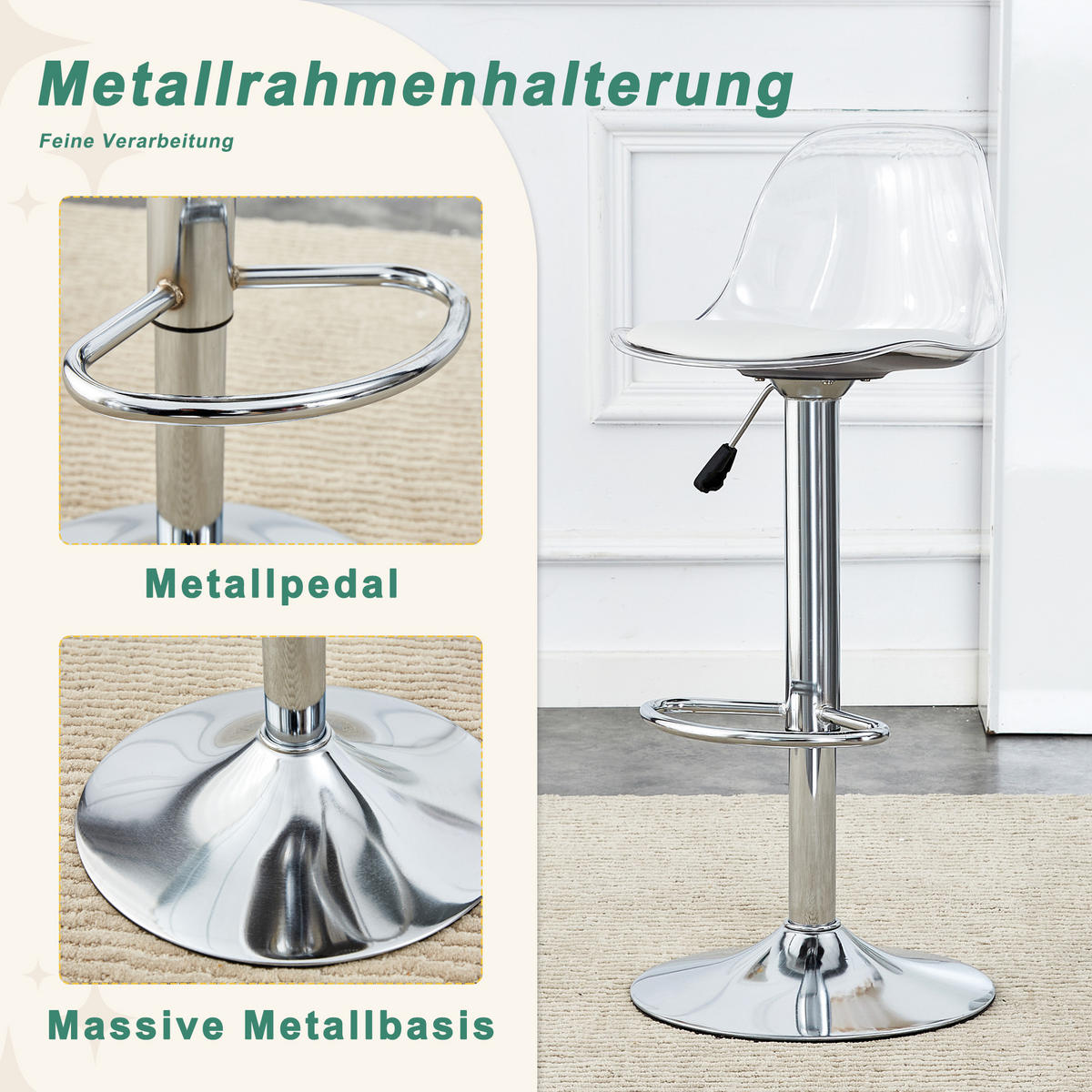 BARHOCKER 2er-Set Weiß und Silber mit Rückenlehne, höhenverstellbar und drehbar - Weiß, Metall (33/82/40.5cm) - PANGIVO