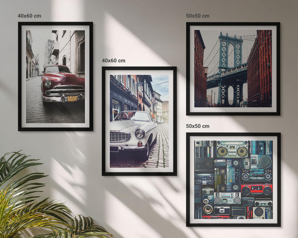 WANDBILDER 4er-Set - 50x50 cm & 40x60 cm Schwarzer Rahmen - Old Cars Brooklyn Retro-Audio - Schwarz, Kunststoff (50/50cm) - ArtPrintCave