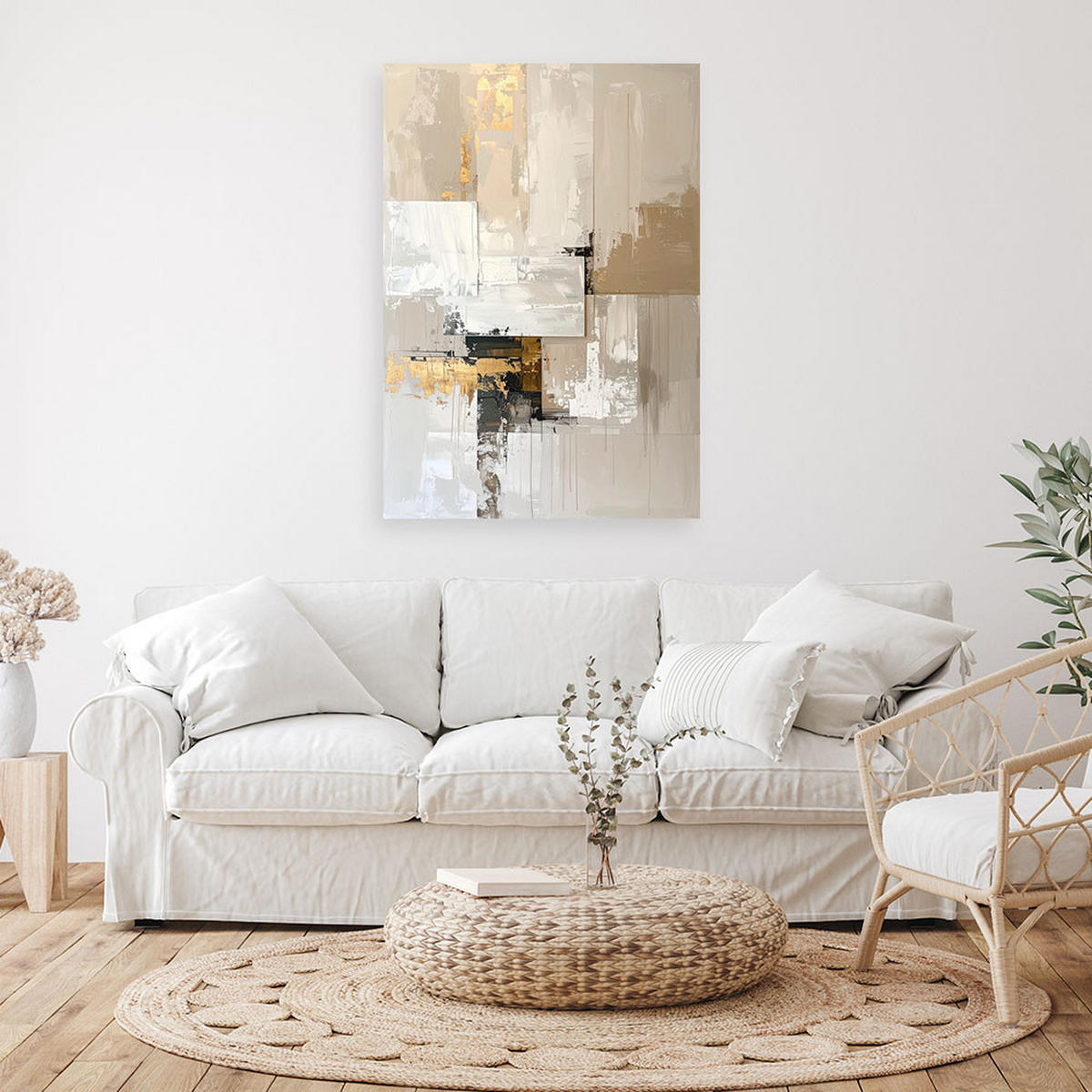 BILD auf Leinwand, Helle Abstraktion in Beige mit schwarzen und goldenen Akzenten - Weiß, Textil (20/30cm) - Feeby