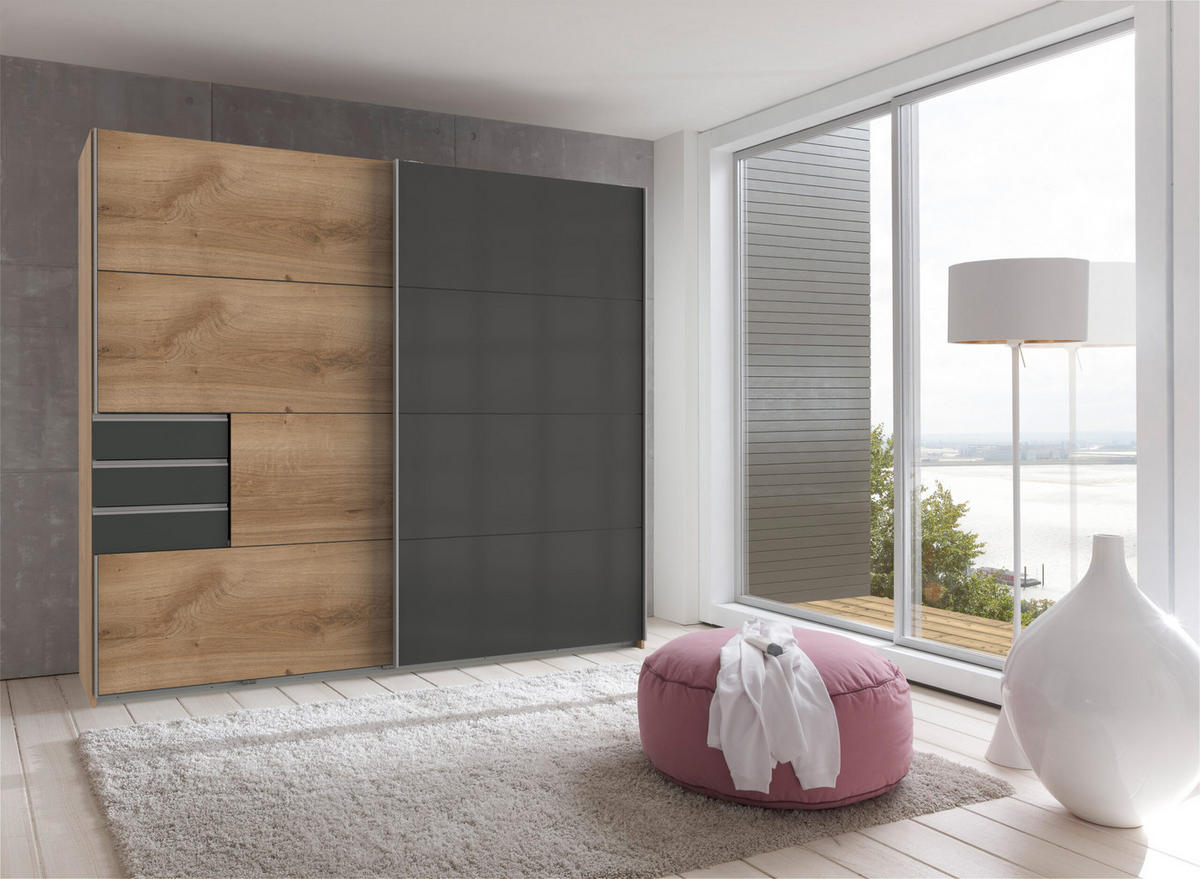 KLEIDERSCHRANK Saigon in Plankeneiche und Grafit mit einer Türfront in Glas Grey – Schwebetürenschrank 2 türig - 225 cm Breite - Braun, Holzwerkstoff (80/200/120cm)