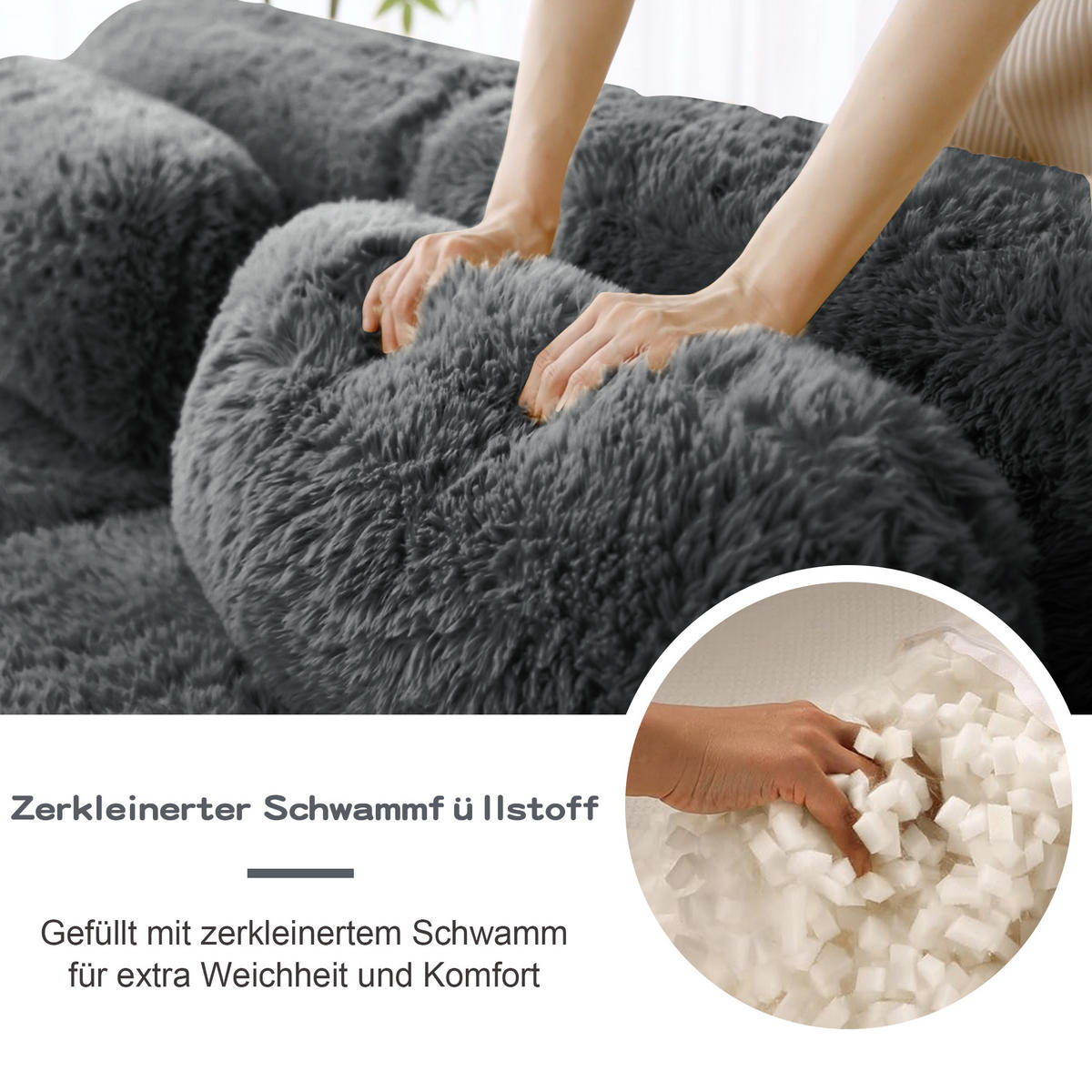ECKSOFA 291/179/73 cm Grau Plüsch mit 1 Fußhocker und 2 kleinen Dekokissen - Grau, Textil (291/179cm) - Oxeza