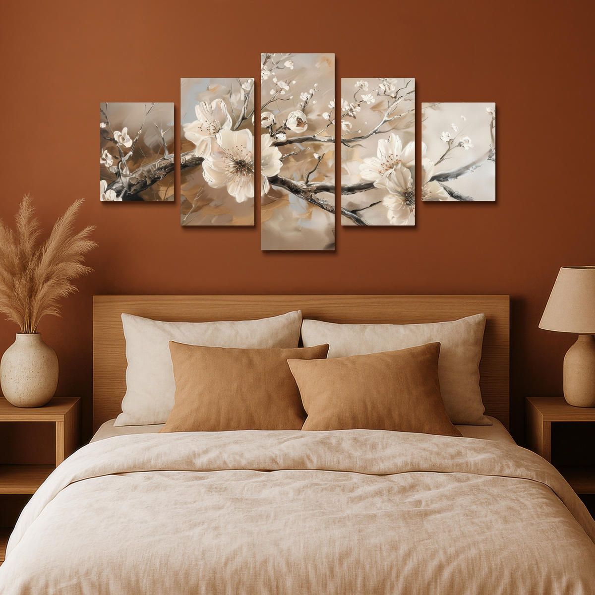 LEINWANDBILD 5er Set Blüte - Beige - Abstrakt - Blumen 150x80 cm - Hellbraun, Textil (150/80cm) - MuchoWow