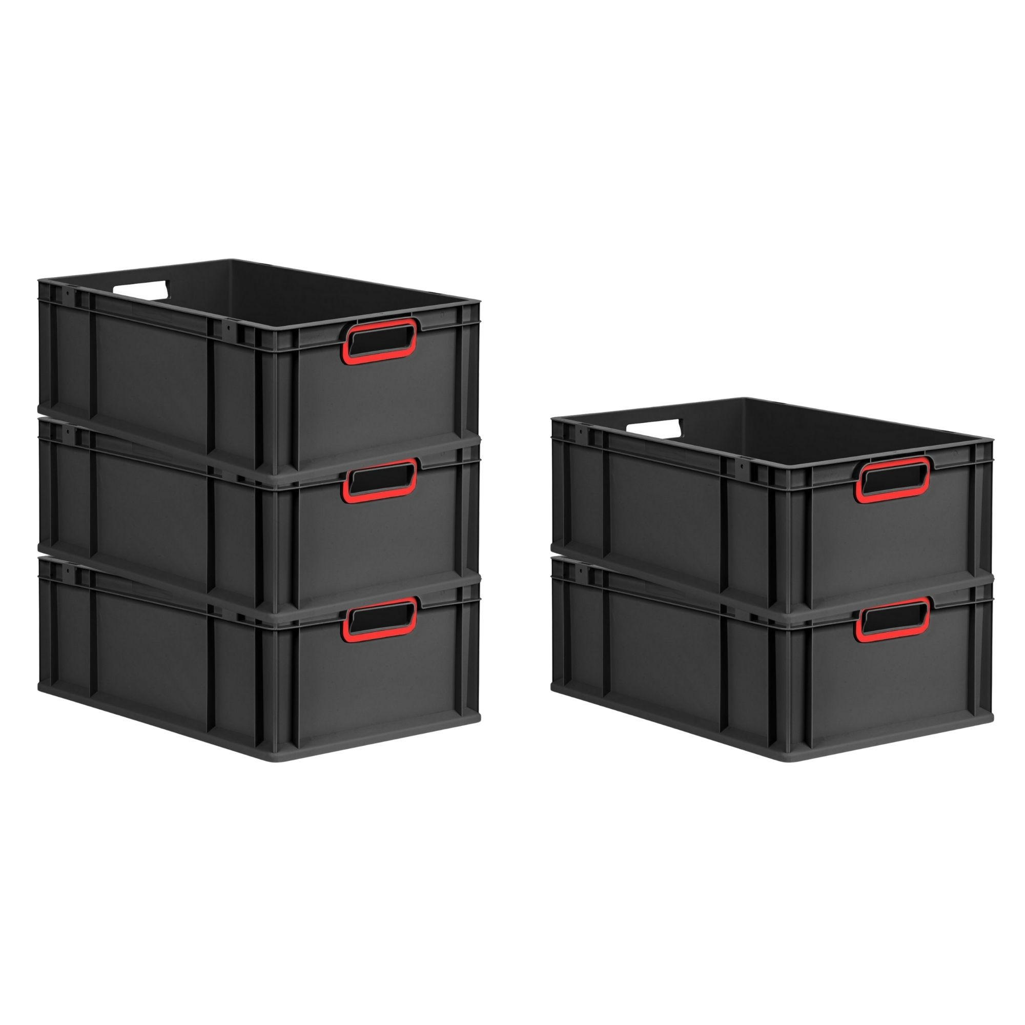 EUROBOX 5x NextGen Color 22x40x60 cm 44 Liter Griffe rot offen, Schwarz - Rot/Schwarz, Kunststoff (40/22/60cm) - PROREGAL