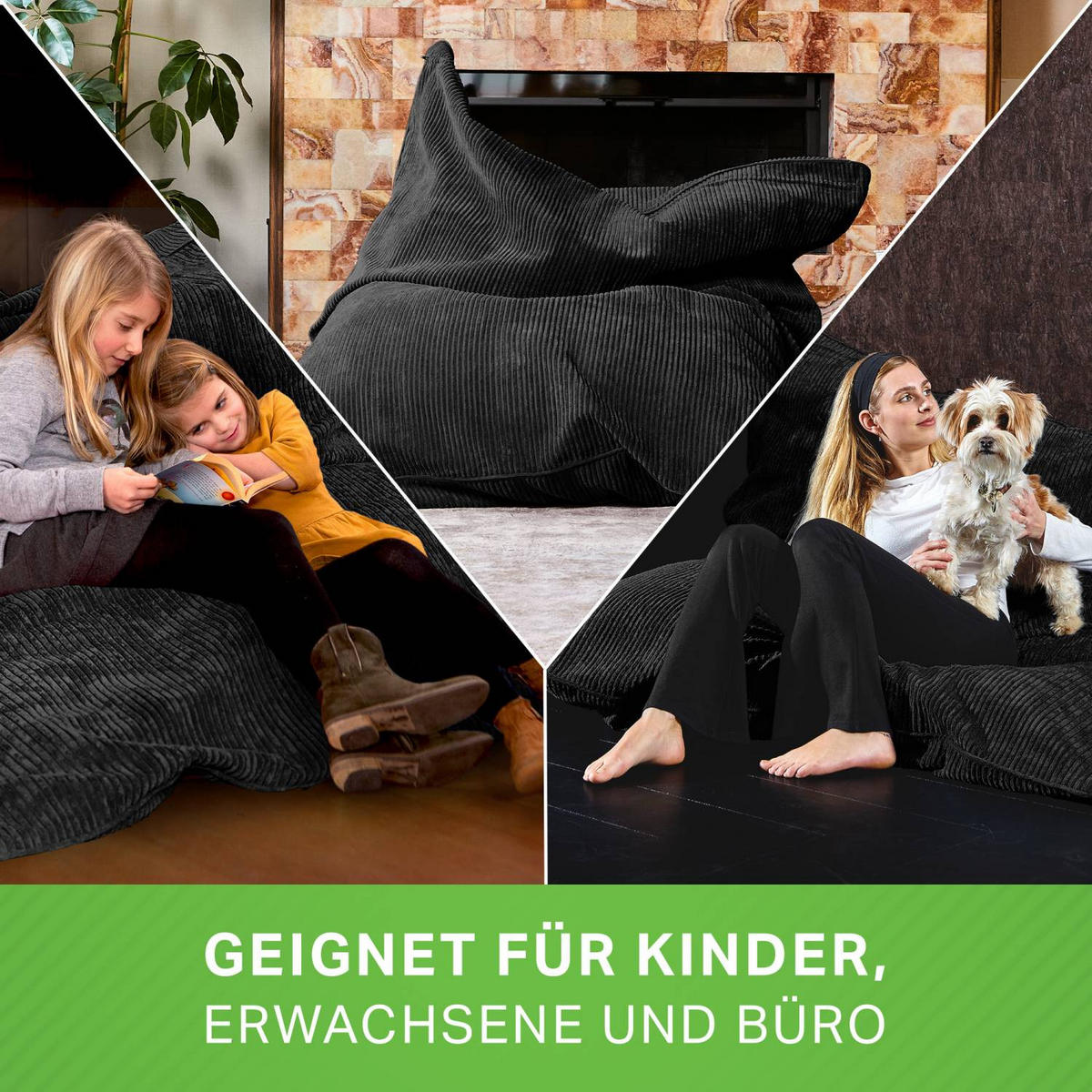 SITZSACK XXL "Square" aus Cord – 370 L - Schwarz, Textil (140/25/180cm) - Green Bean
