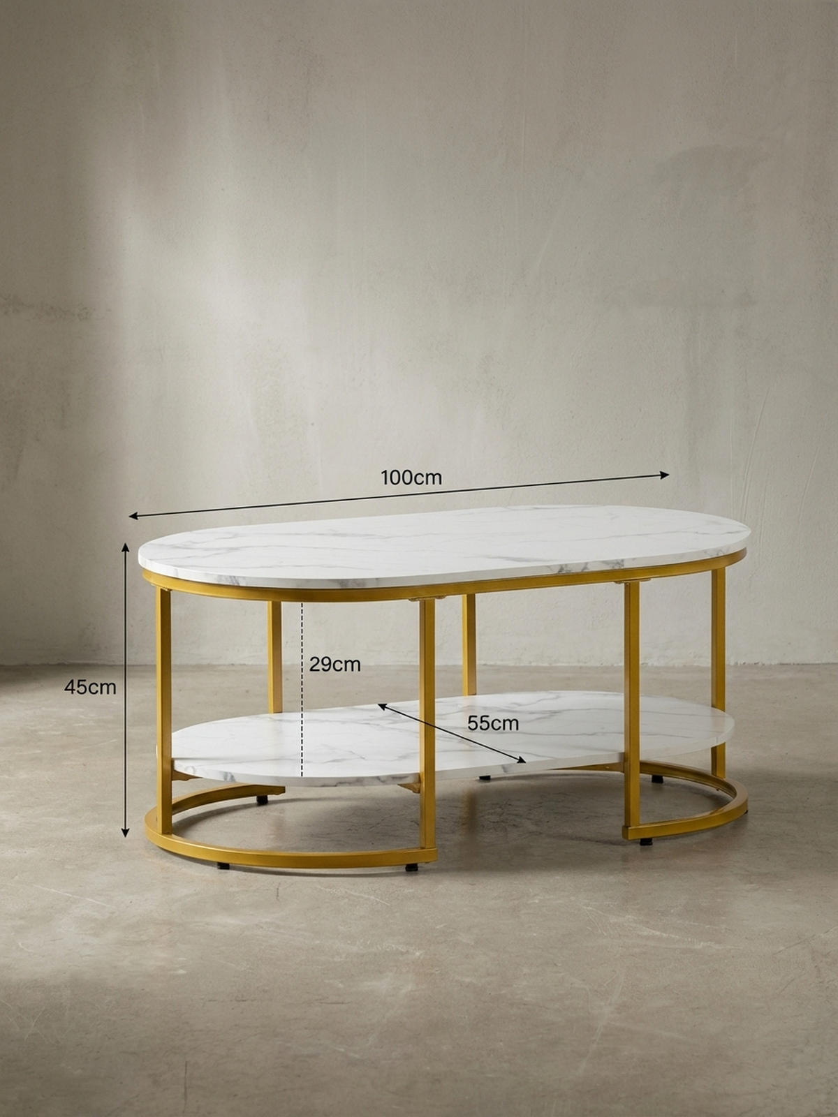 COUCHTISCH mit Marmor Optik, rechteckig, Ablage, goldenes Metallgestell, Weiß 100x60x45 cm - Goldfarben/Weiß, Holzwerkstoff/Metall (60/100/45cm) - KADIMA DESIGN