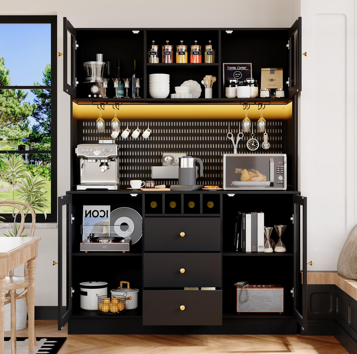 HOCHSCHRANK mit LED-Beleuchtung 140 x 40 x 185,7 cm Schwarz - Schwarz, Glas (40/185.7/140cm) - Meubliv
