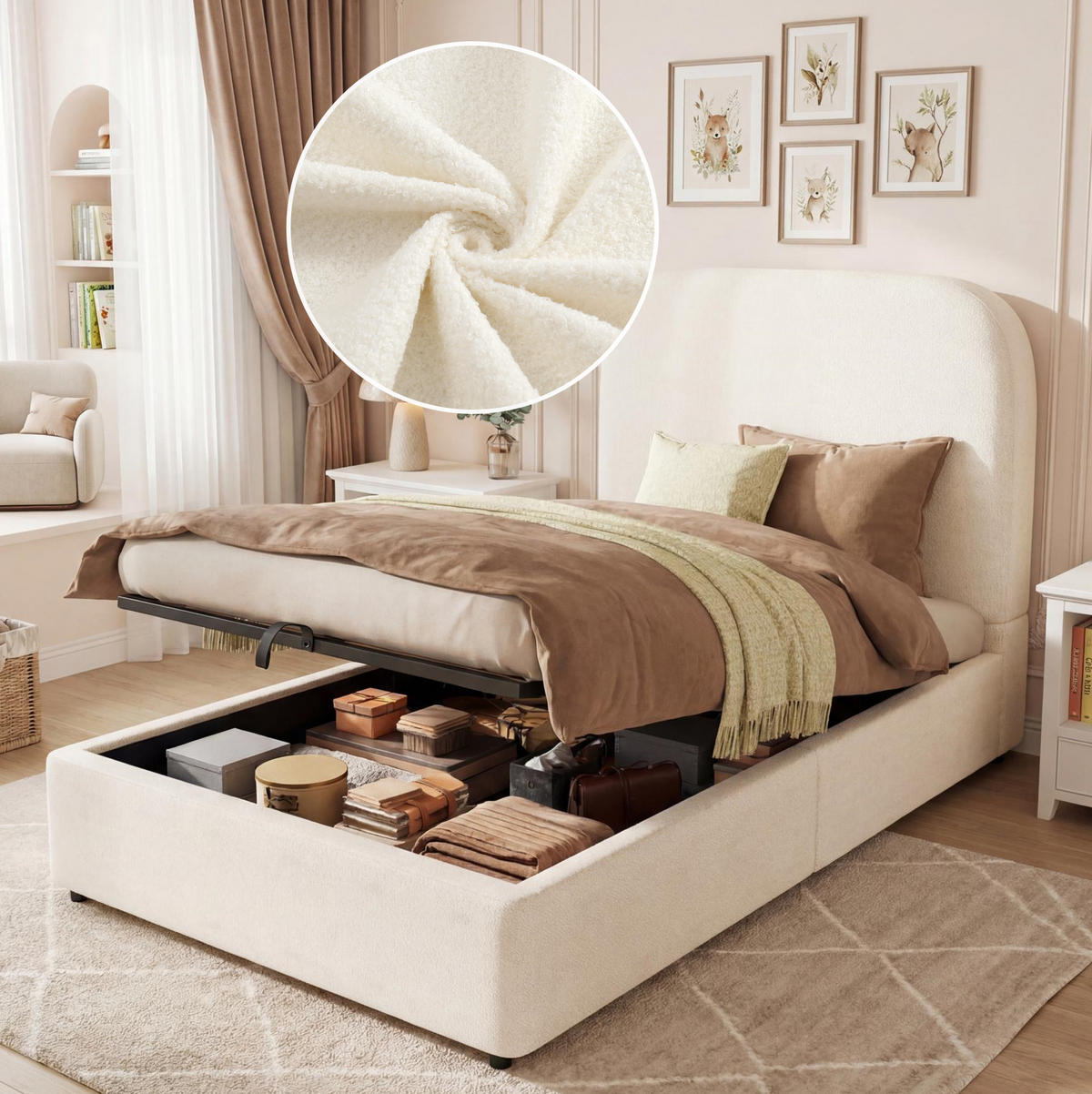 KINDERBETT 90/200 cm aus Bouclé mit hydraulischem Stauraum Beige - Beige, Holzwerkstoff (90/200cm) - Modenvie