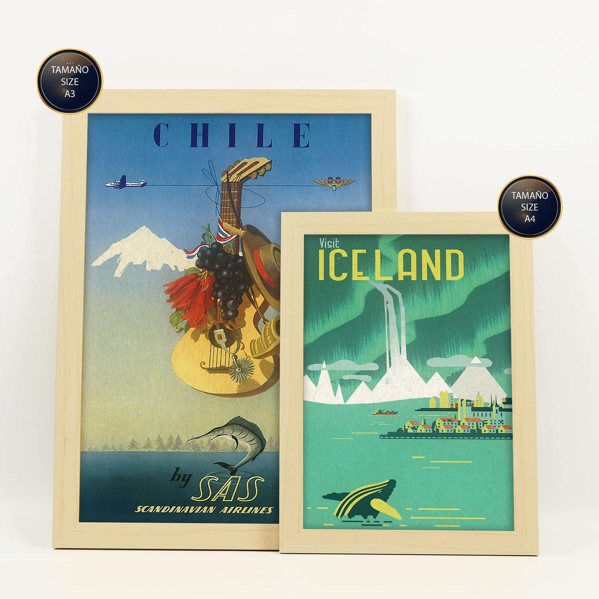 POSTER Set Mit 6 Land & Stadt Größe A3 & A4 Rahmen aus hellem Holz - Beige, Papier (29.7/1cm) - Nacnic