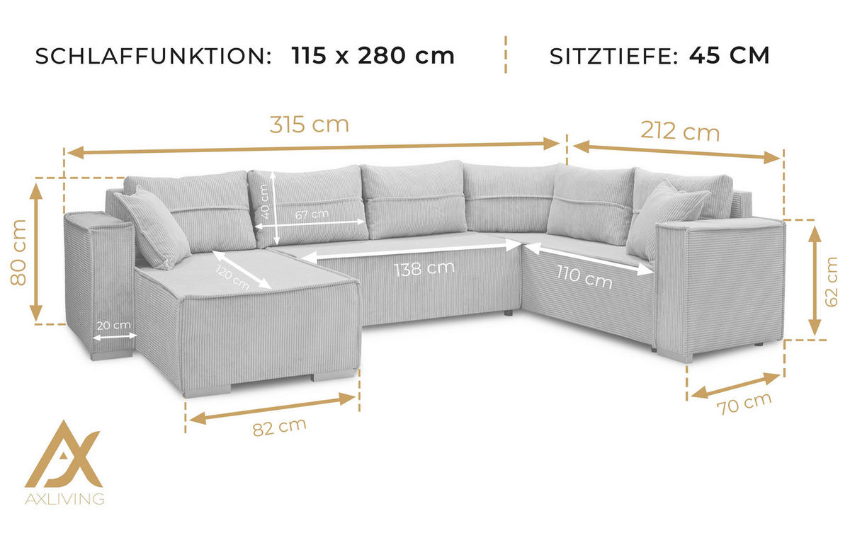 WOHNLANDSCHAFT Lovere Dunkelgrau 314/217/90 cm mit Bettkasten Schlaffunktion Relaxfunktion - Dunkelgrau/Schwarz, Kunststoff/Textil (314/90/217cm) - AX Living