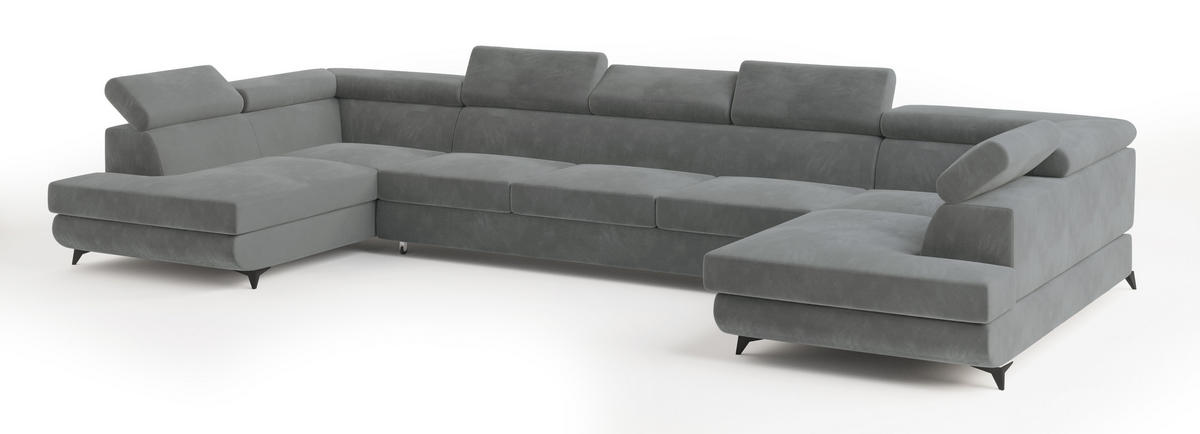 WOHNLANDSCHAFT URMANO Grau Velours-Stoff mit Schlaffunktion - Grau, Holz (395/89/190cm) - MASSENO