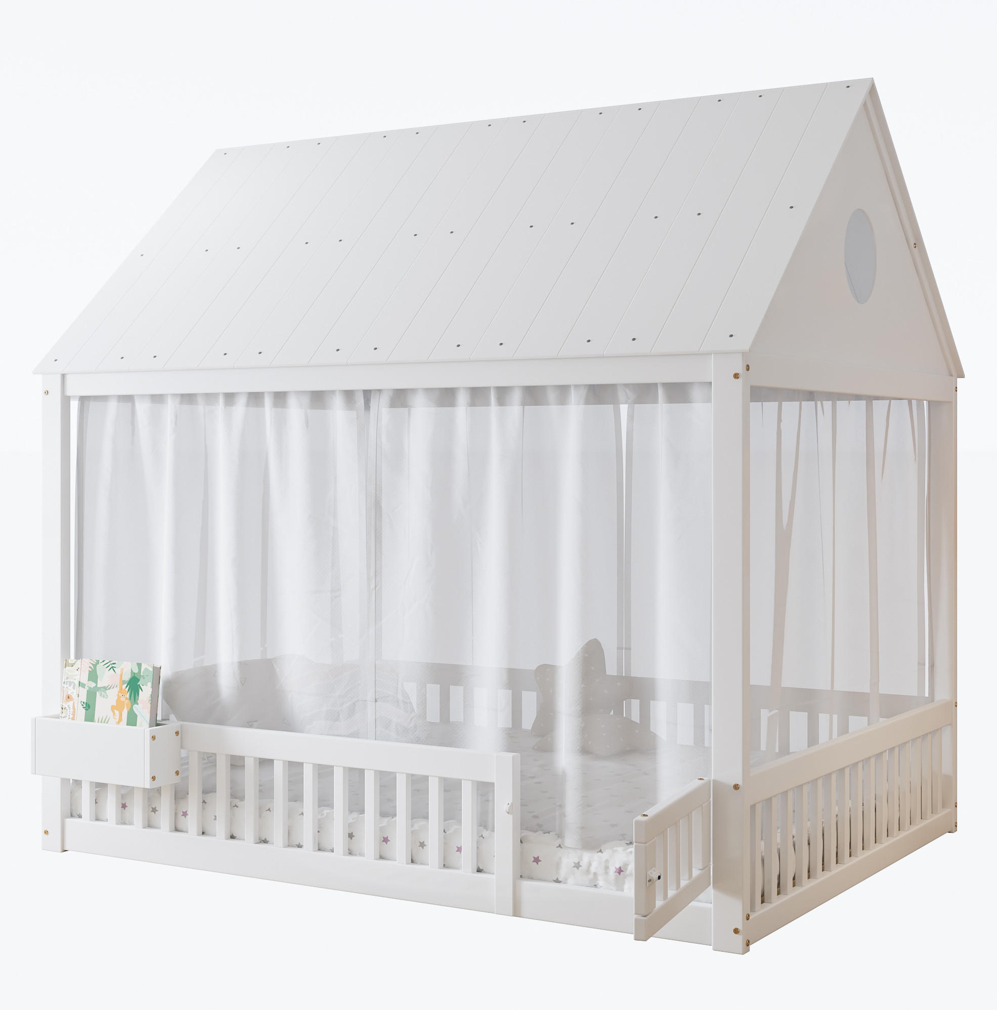 HAUSBETT 140/200 cm Weiß aus Kiefer, MDF und Sperrholz mit Vorhängeschirmen und Stauraumfach - Weiß, Holz (140/200cm) - OKMYHOME