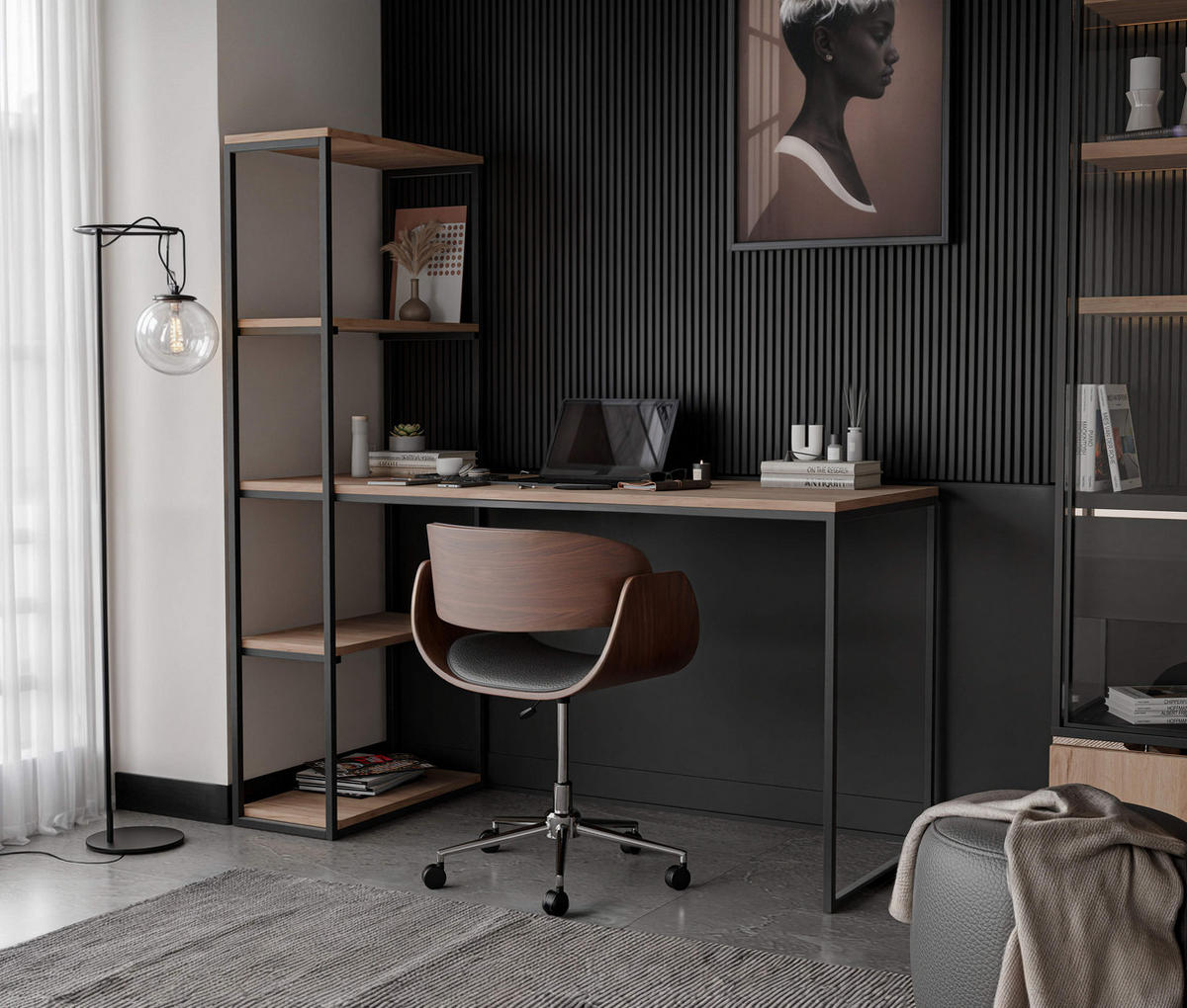 SCHREIBTISCH mit Seitenregal Eiche Kraft Gold - Eiche Wotan/Schwarz, Holzwerkstoff (152/60/160cm) - Idohome