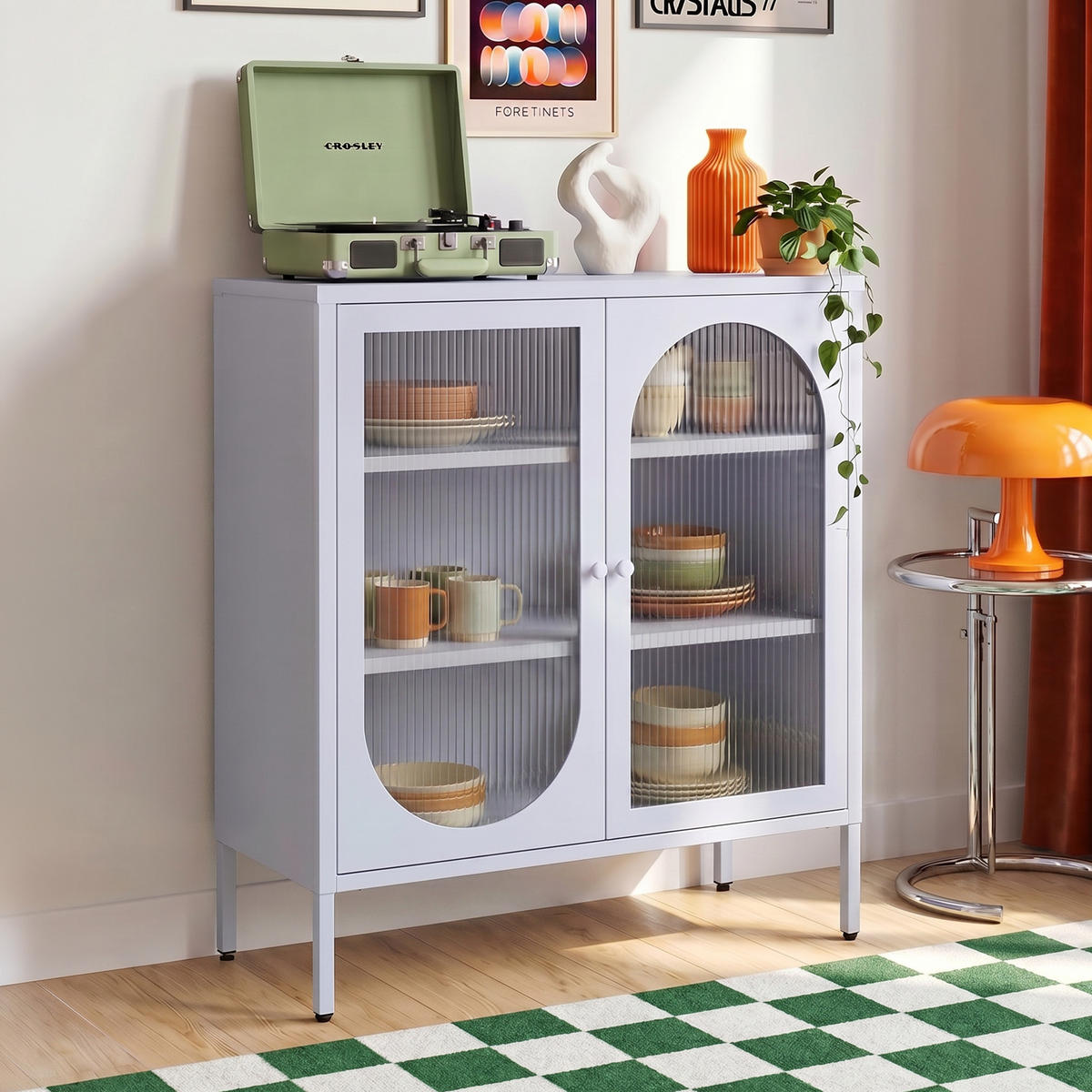SIDEBOARD KURT im Industriestil aus Metall, blaugrau und geriffeltes Glas, 80 cm - Dunkelblau, Metall (80/90/35cm) - Sicaan