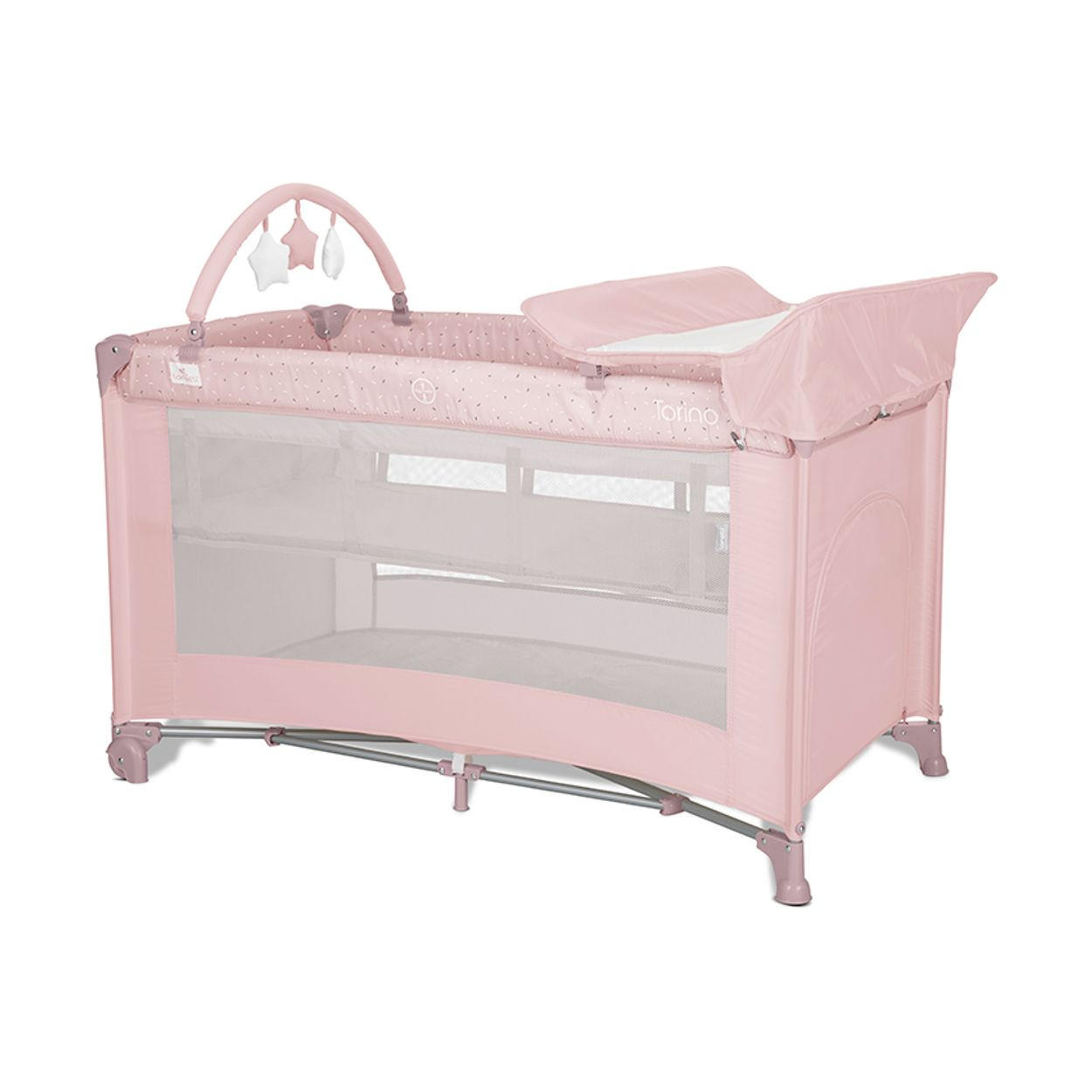 REISEBETT Torino plus 2 pink Wickelauflage Spielbogen Räder faltbar - Rosa, Kunststoff (70/127cm) - Lorelli