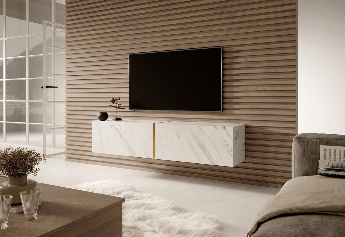 TV stolek Bisira bílý mramorový dekor Egger / zlatý 140/30/32 cm - bílá, kompozitní dřevo (140/30/31.6cm) - Selsey