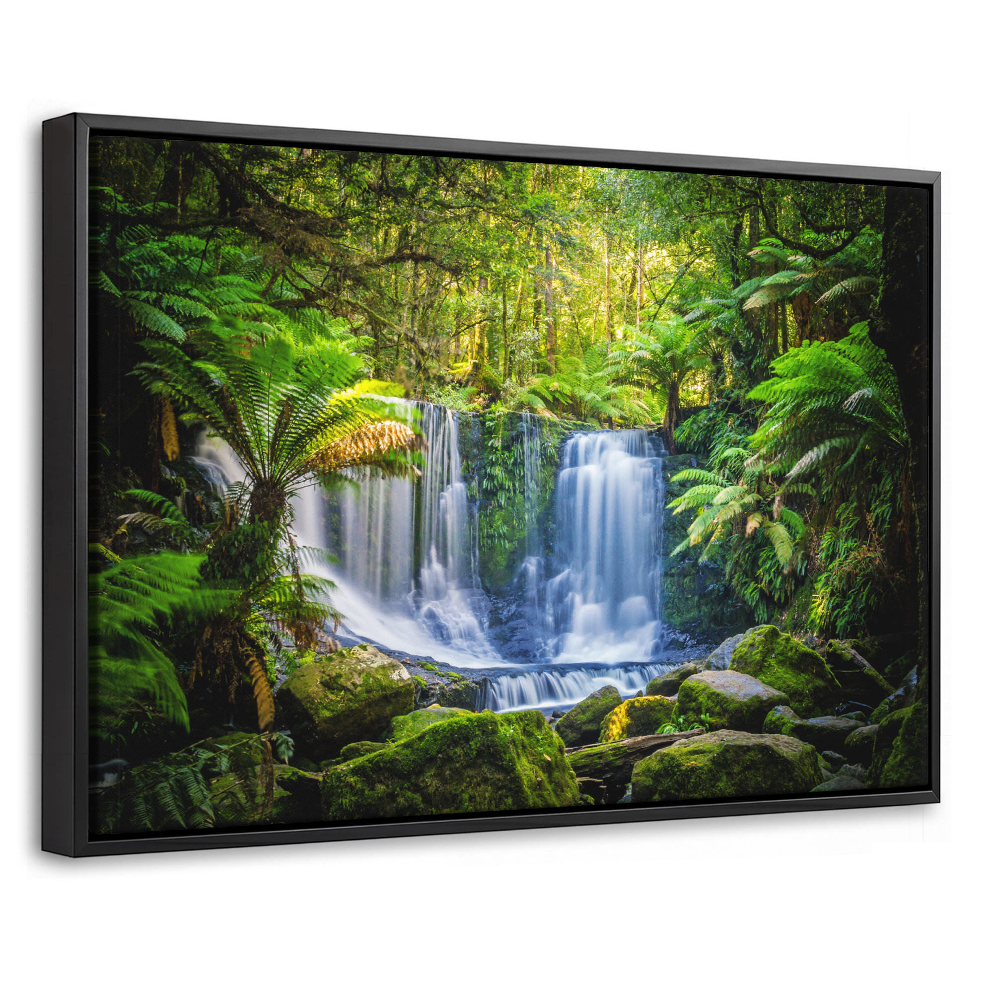 LEINWAND Bilder mit Rahmen - Dschungel - Wasserfall - Australien - Pflanzen - Natur - 30x20 - Dunkelgrün, Textil (30/20cm) - MuchoWow