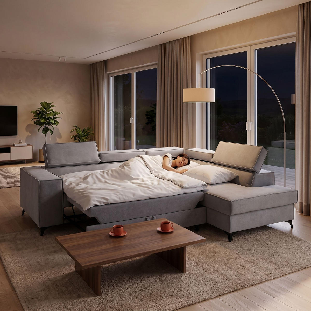 ECKSOFA PURE L Rechts mit Schlaffunktion 127x199 Velours Hellgrau - Hellgrau/Schwarz, Holz/Textil (204/281cm) - Muffo