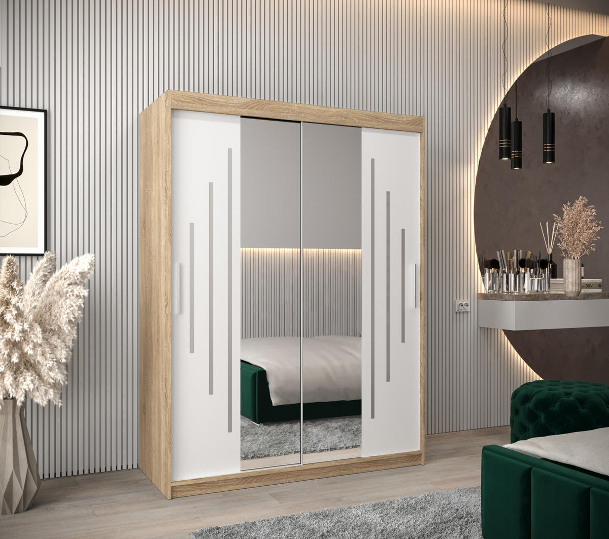SCHWEBETÜRENSCHRANK 200/150/62 2-türig - Silberfarben/Weiß, Holz/Kunststoff (150/200/62cm) - Abiks Möbel