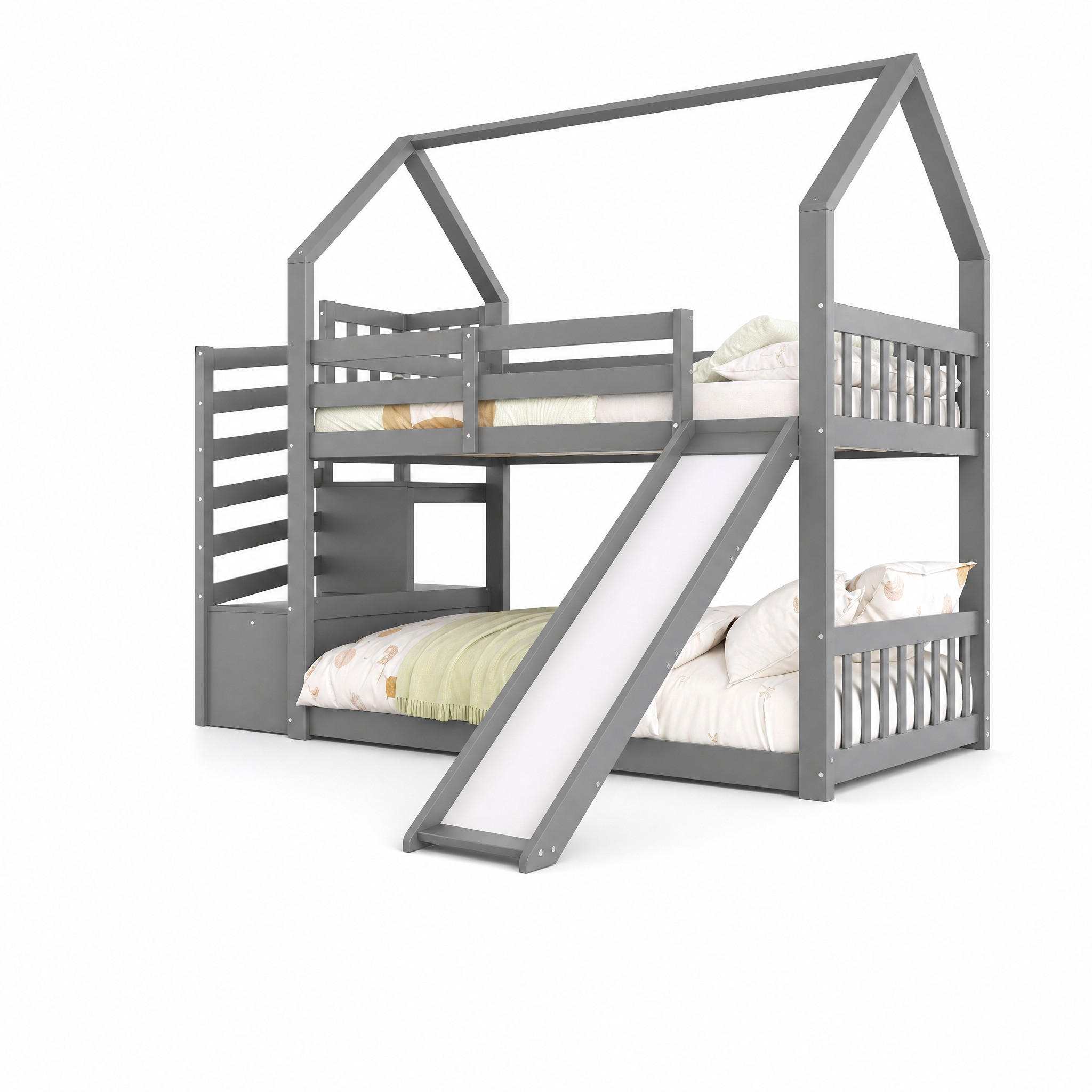 ETAGENBETT im Hausbett-Design mit Stauraumtreppe und Rutsche 90x200 cm Grau - Grau, Holz (90/200cm) - Meubliv
