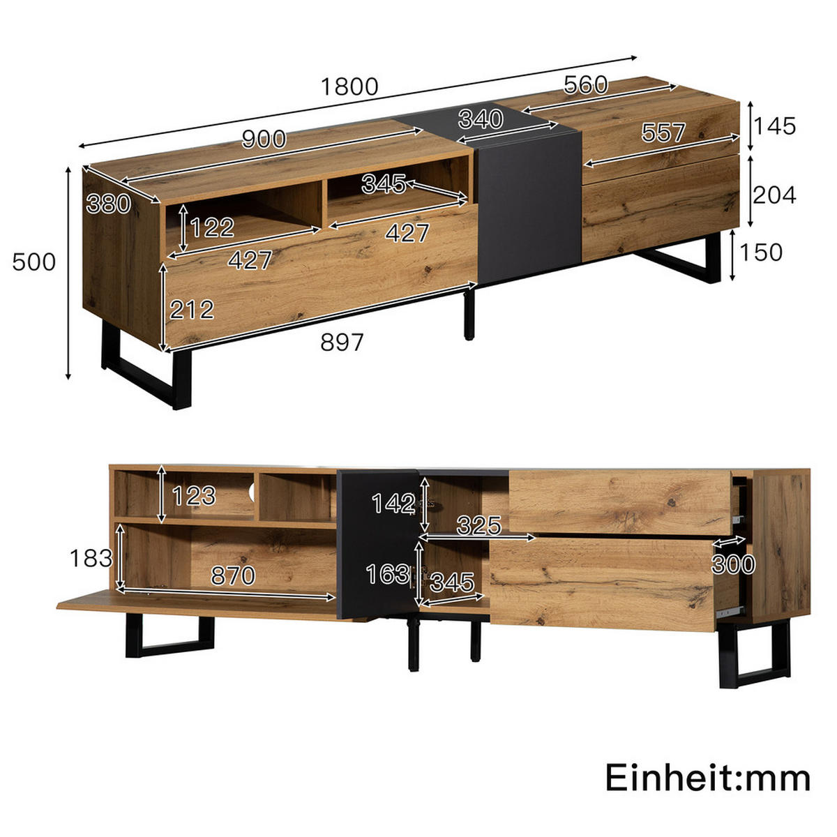 MODERNER Colorblocking-TV-Schrank TV-Schrank mit Holzmaserung 180cm.Black + Black+Grey + MDF + 50-59 inches - Schwarz, Holz (38/50/180cm) - FLIEKS