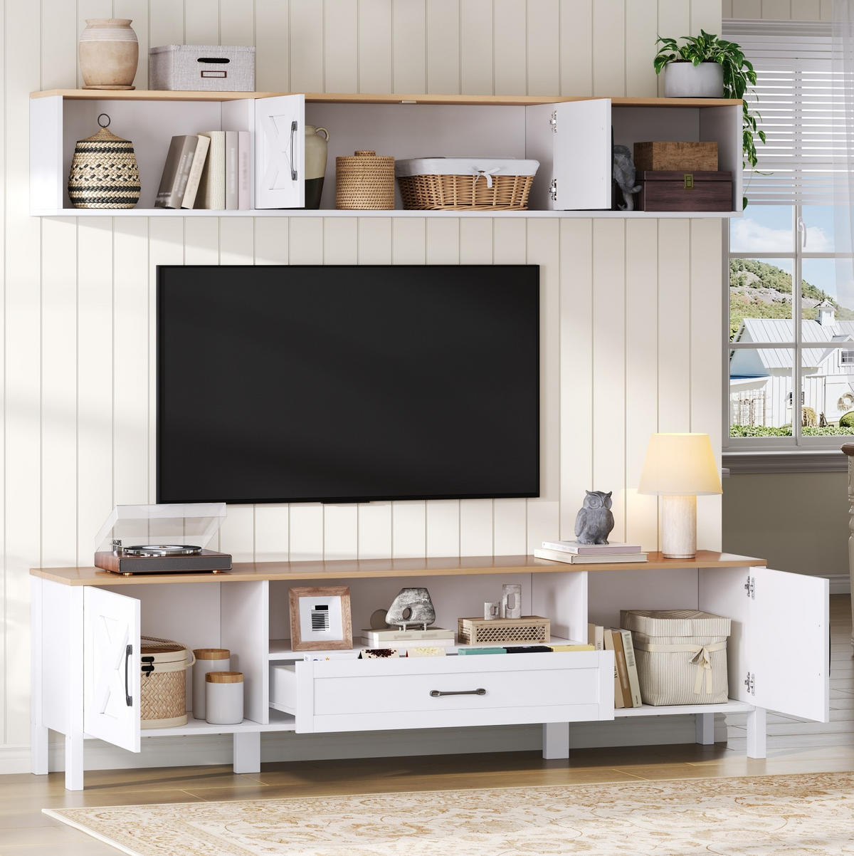 TV sestava 180/40/50 cm z MDF s nástěnnou vitrínou, 4 skříňky a zásuvkou, Bílá - bílá, kompozitní dřevo (180/50/40cm) - Redom